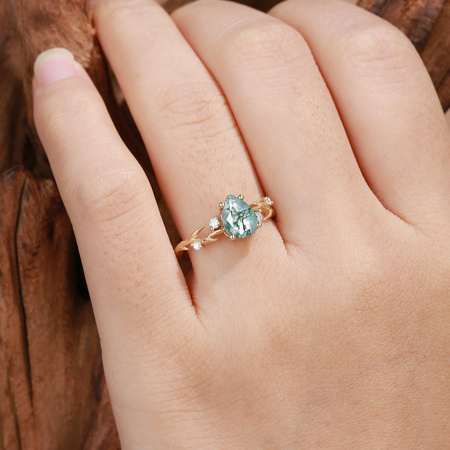 Camellia - Pear Cut Moss Agate Branch Leafy Engagement Ring