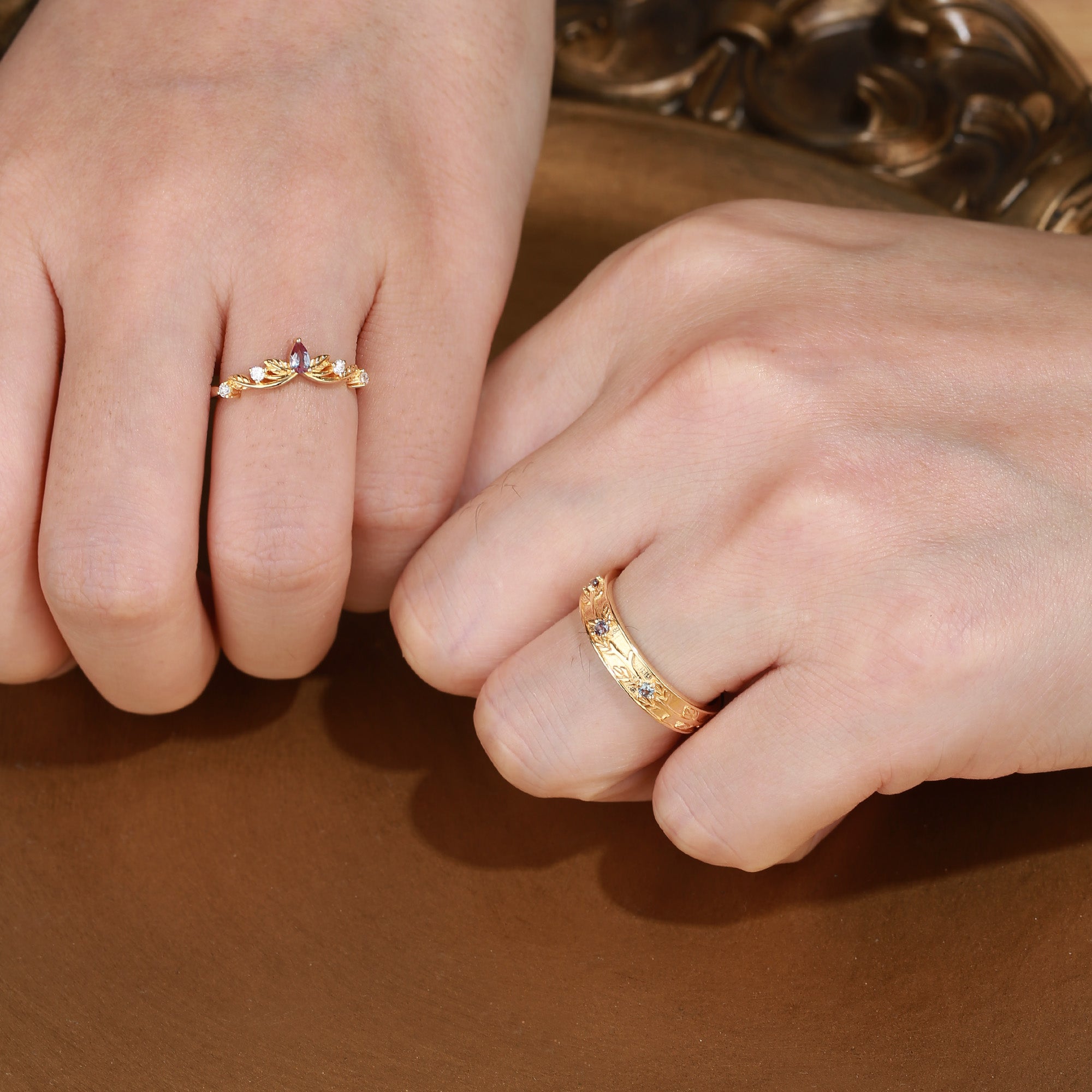 Couple Ring - Branch Engraved Leaf Alexandrite Bands For Men & Women 2pcs