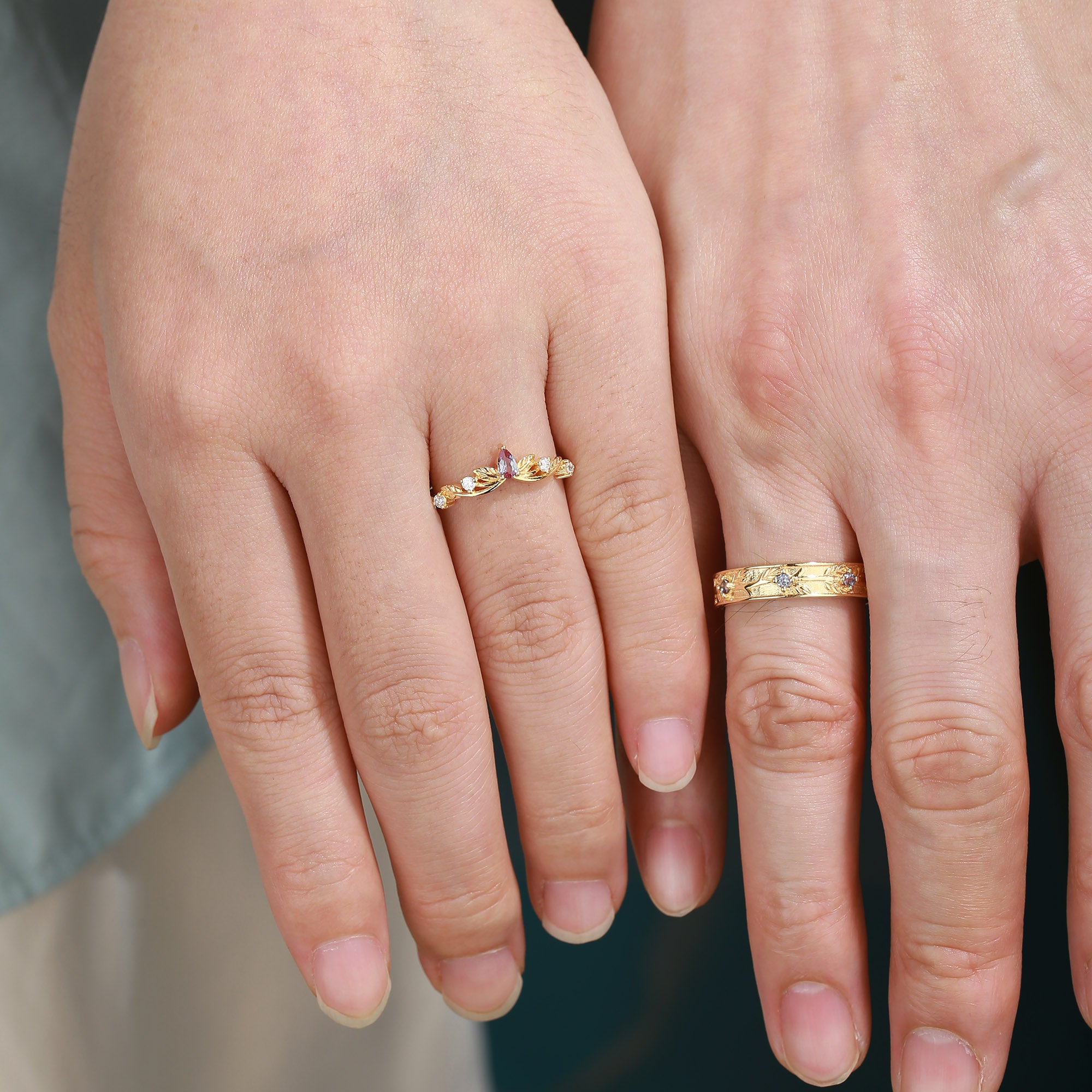 Couple Ring - Branch Engraved Leaf Alexandrite Bands For Men & Women 2pcs