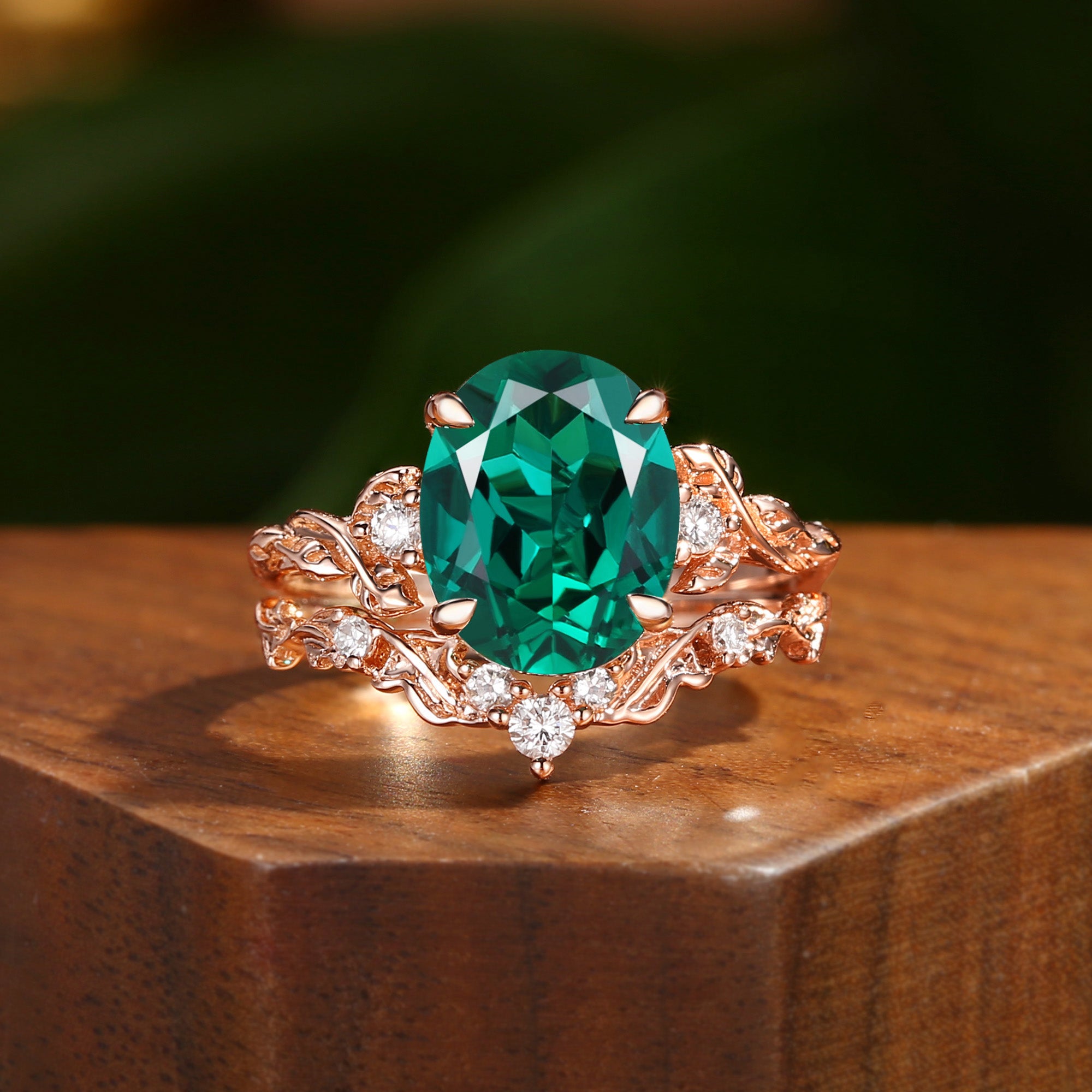 Eden - 4.0CT Oval Cut Lab Emerald Leaf Branch Engagement Ring Set 2pcs
