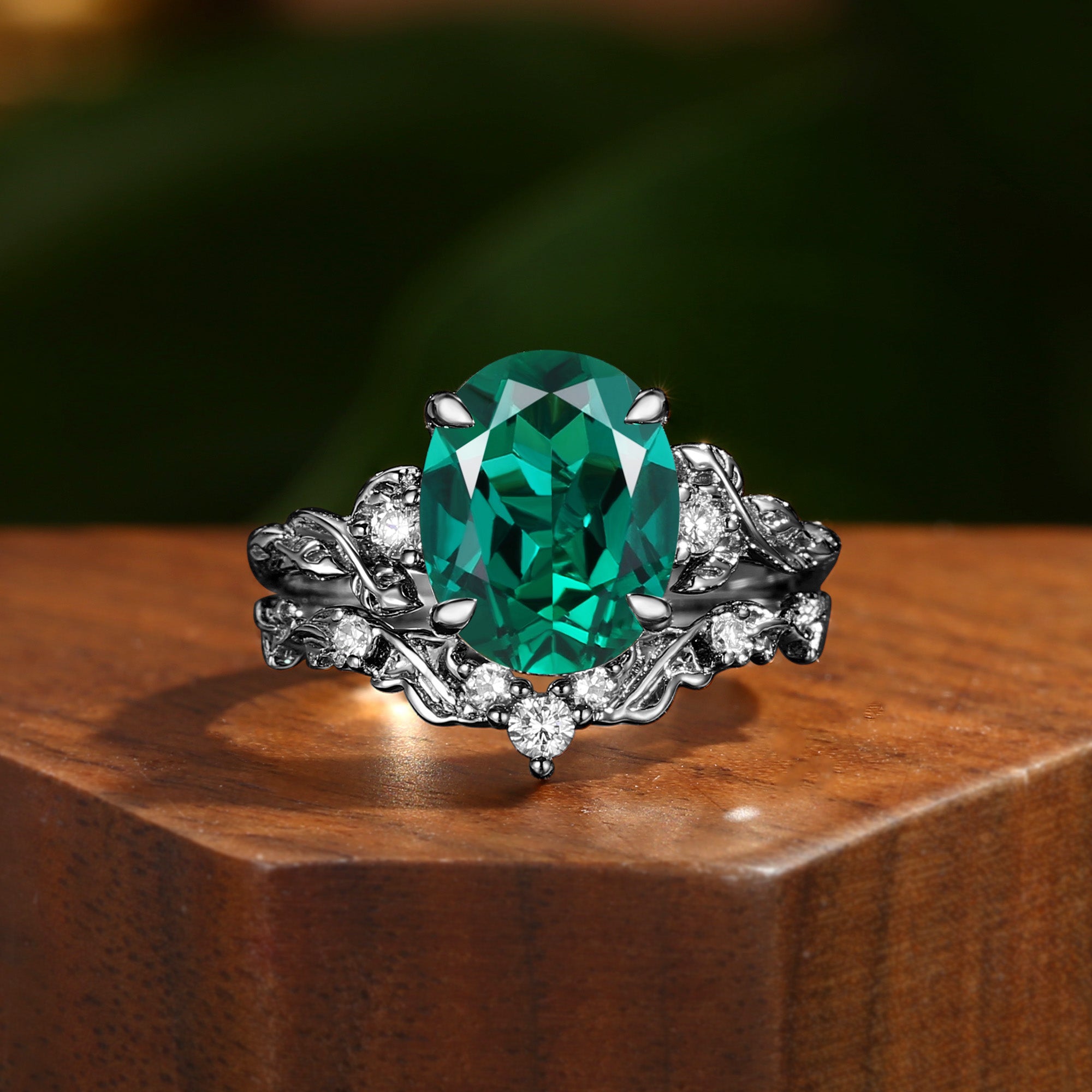 Eden - 4.0CT Oval Cut Lab Emerald Leaf Branch Engagement Ring Set 2pcs