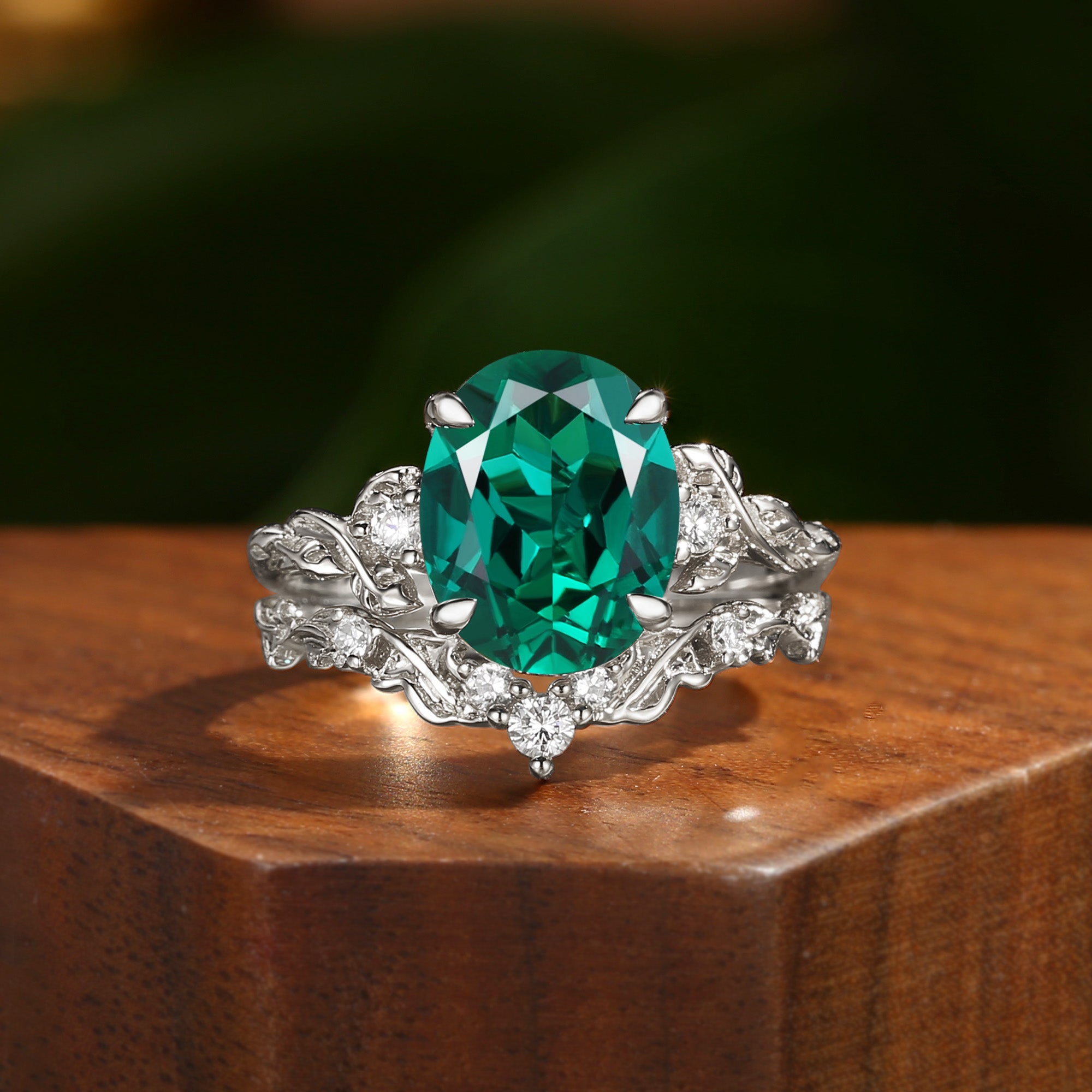 Eden - 4.0CT Oval Cut Lab Emerald Leaf Branch Engagement Ring Set 2pcs