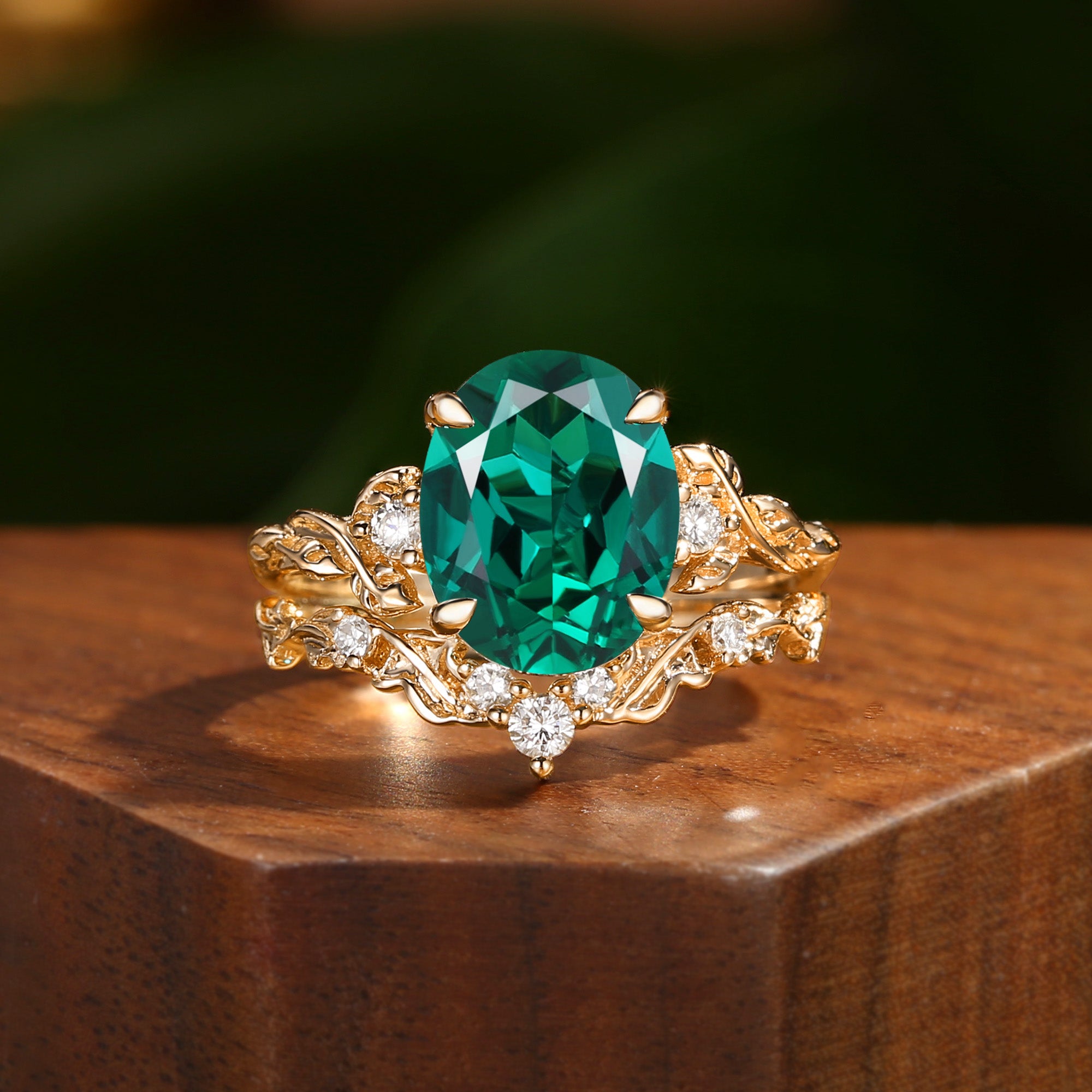 Eden - 4.0CT Oval Cut Lab Emerald Leaf Branch Engagement Ring Set 2pcs