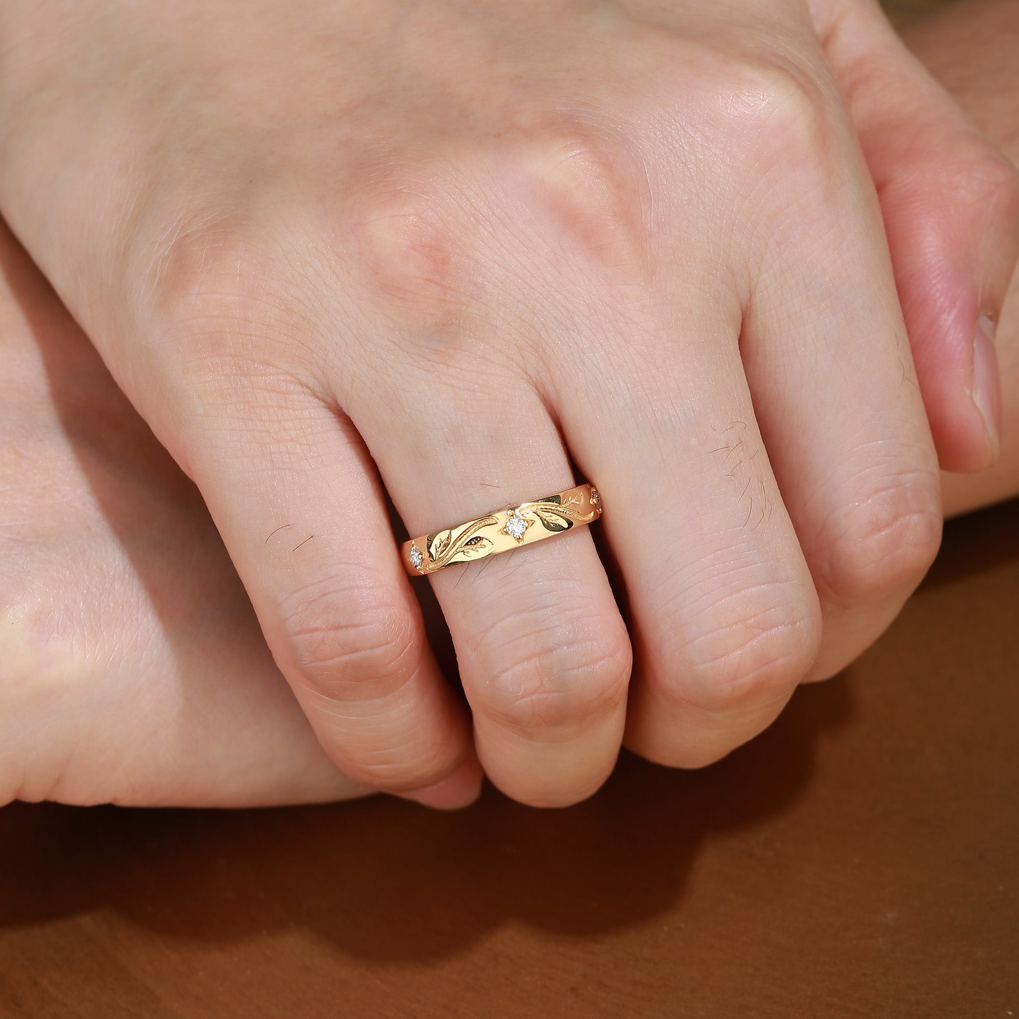 5MM Moissanite Leafy Engraved Promise Gold Men Rings