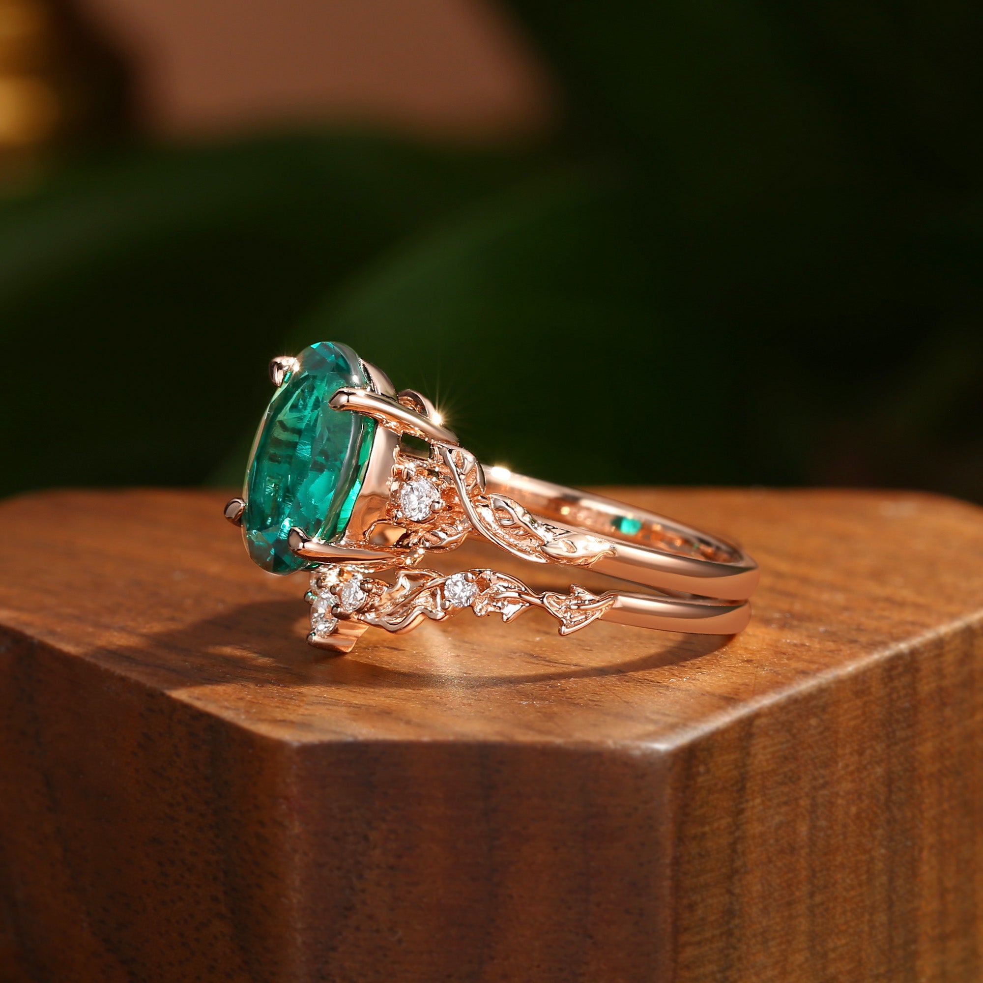 Eden - 4.0CT Oval Cut Lab Emerald Leaf Branch Engagement Ring Set 2pcs