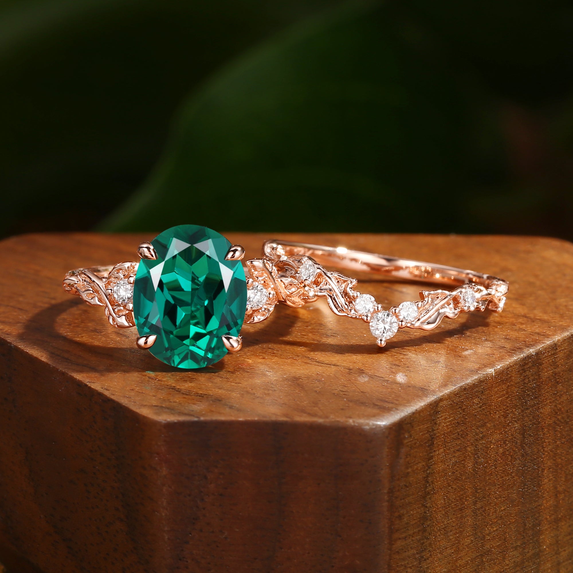 Eden - 4.0CT Oval Cut Lab Emerald Leaf Branch Engagement Ring Set 2pcs