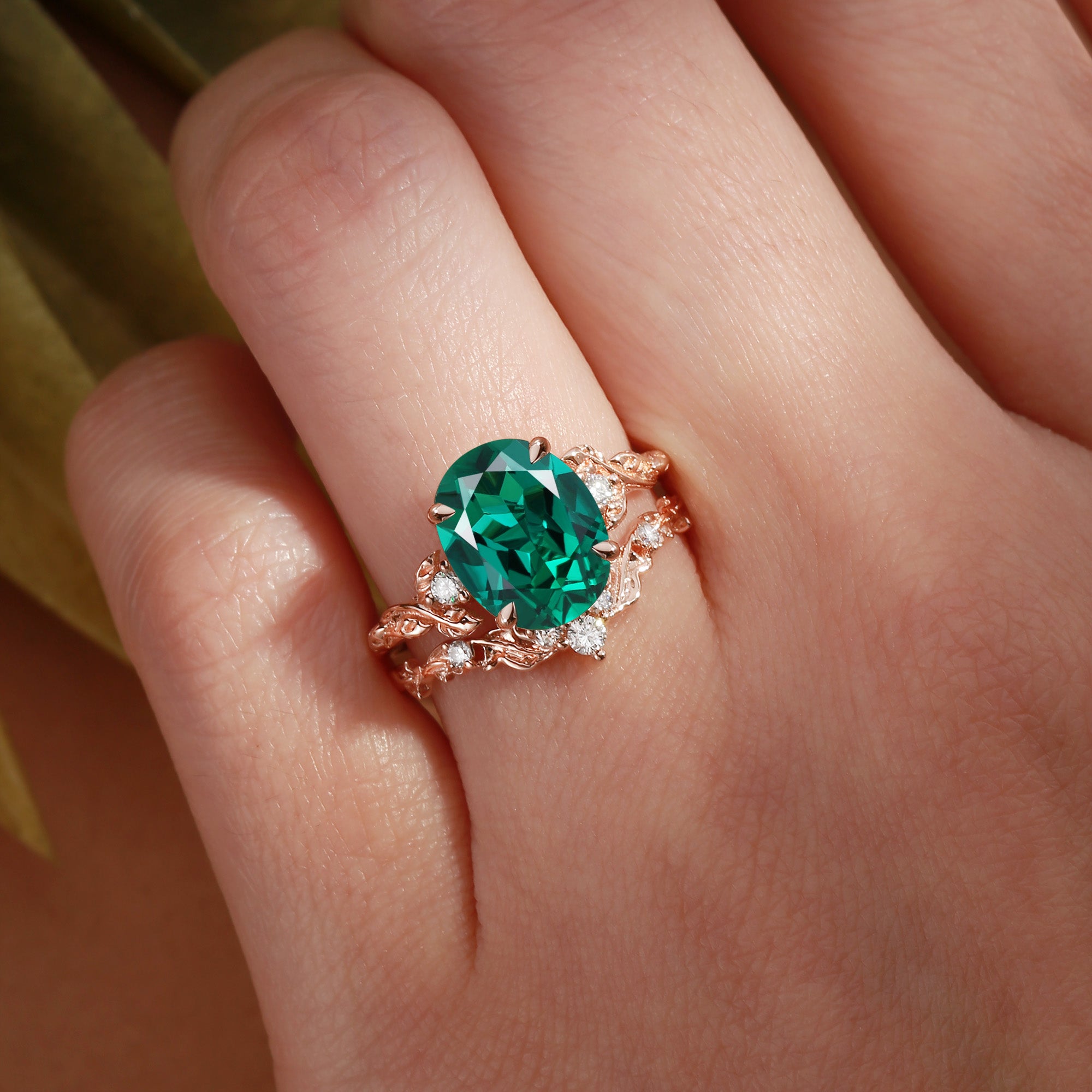 Eden - 4.0CT Oval Cut Lab Emerald Leaf Branch Engagement Ring Set 2pcs