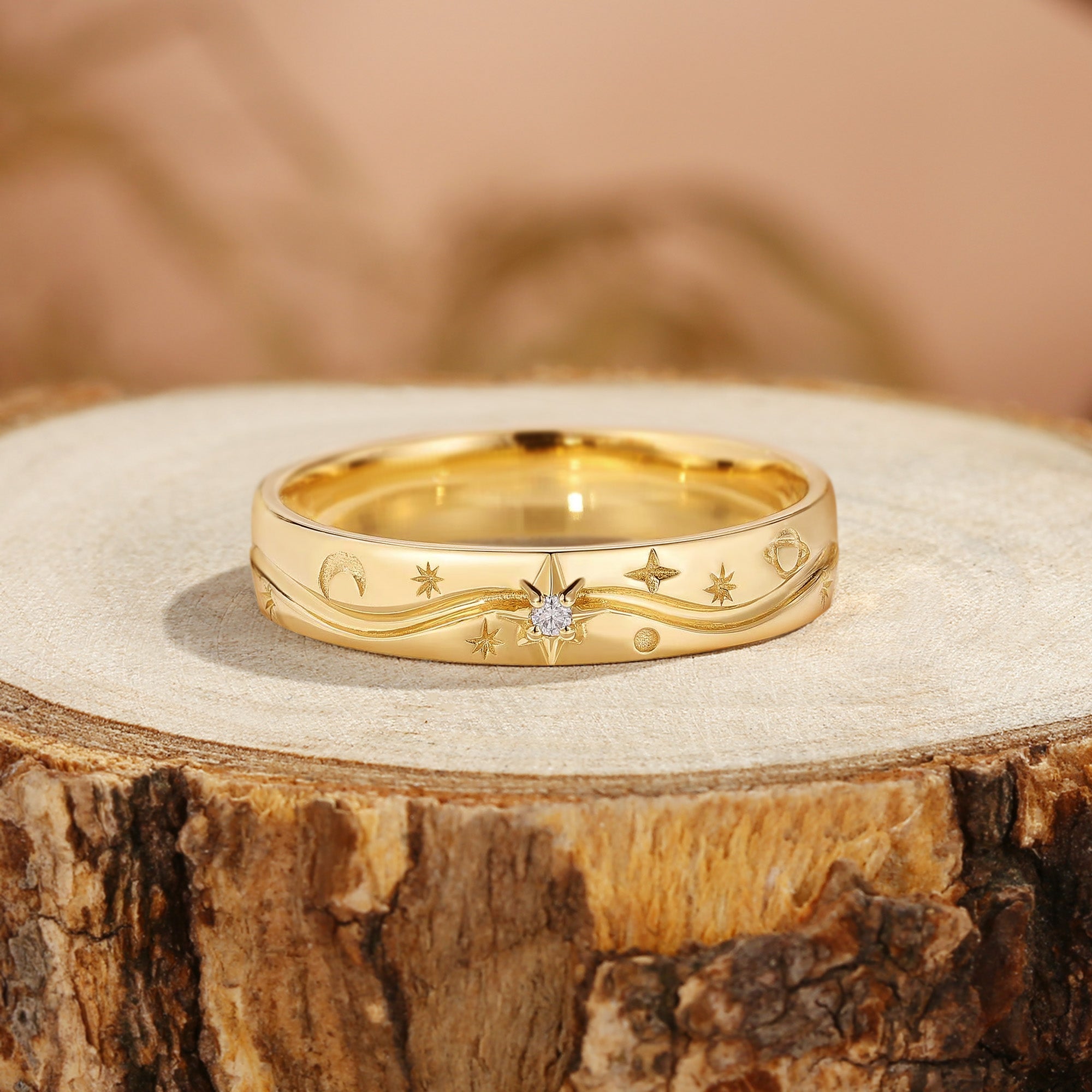 Unique Star Moissanite Solid Gold Handmade Men's Wedding Ring