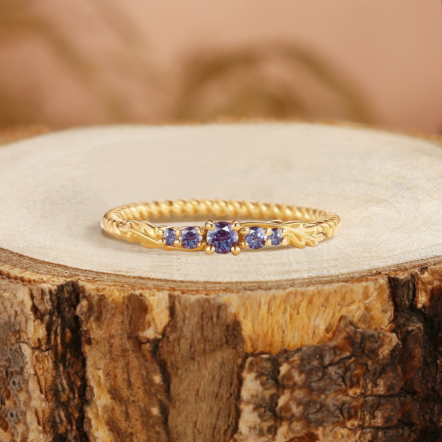 Wedding Band - Nature Inspired Alexandrite Twisted Leaf Ring
