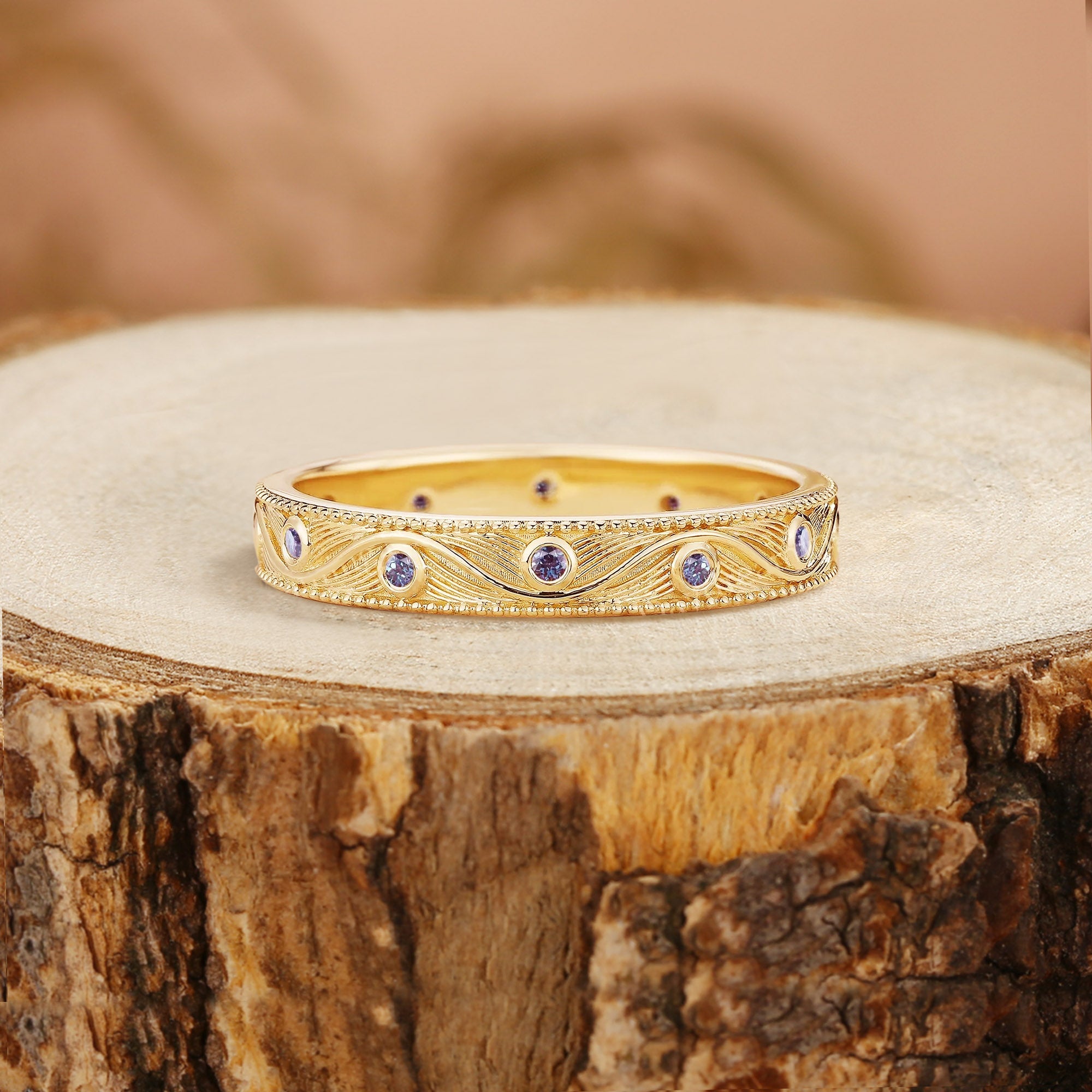 Wedding Band - Gold Alexandrite Engraved Wavy Wedding Ring