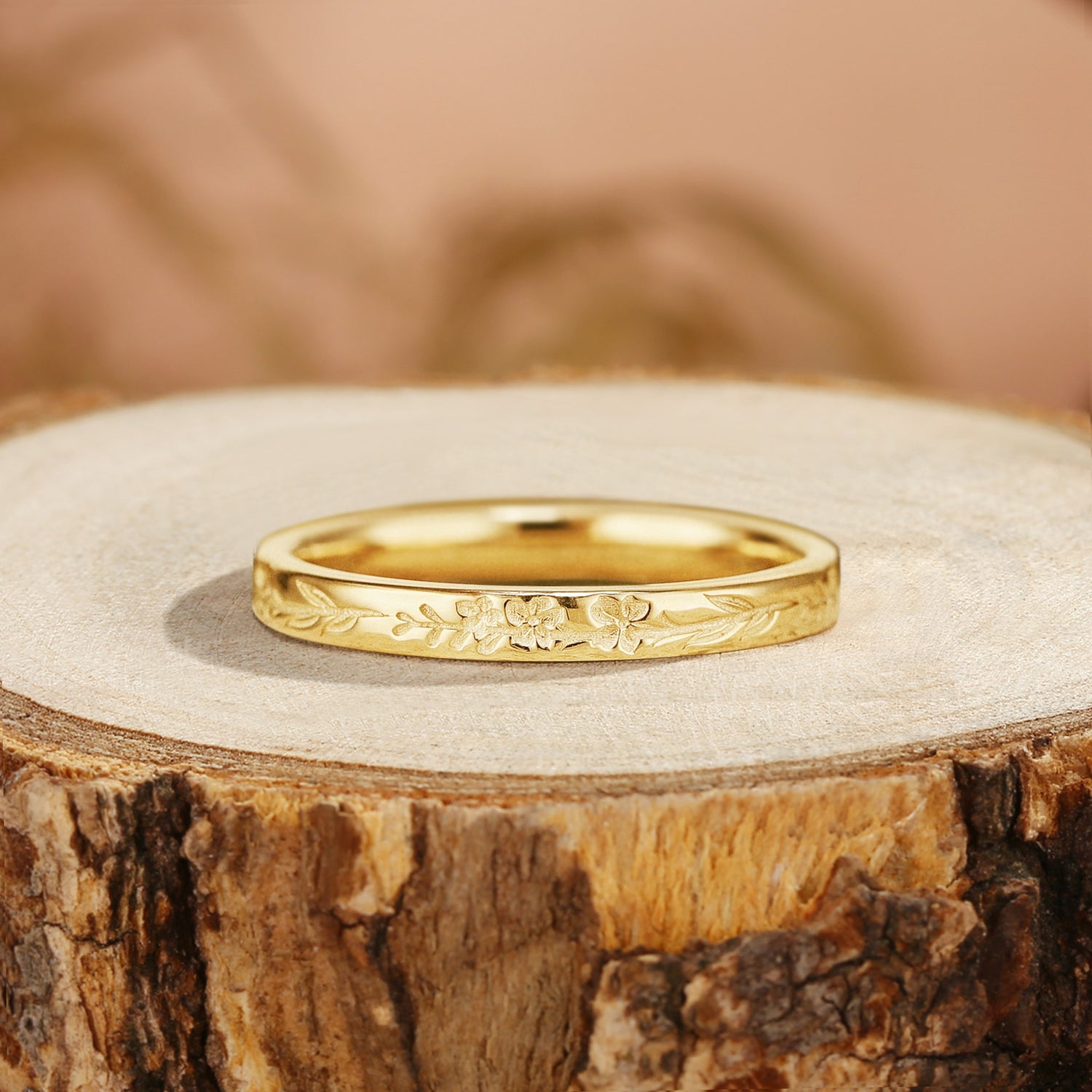 Birth Flower Ring Natural Inspired Leaf Wedding Band Art Deco