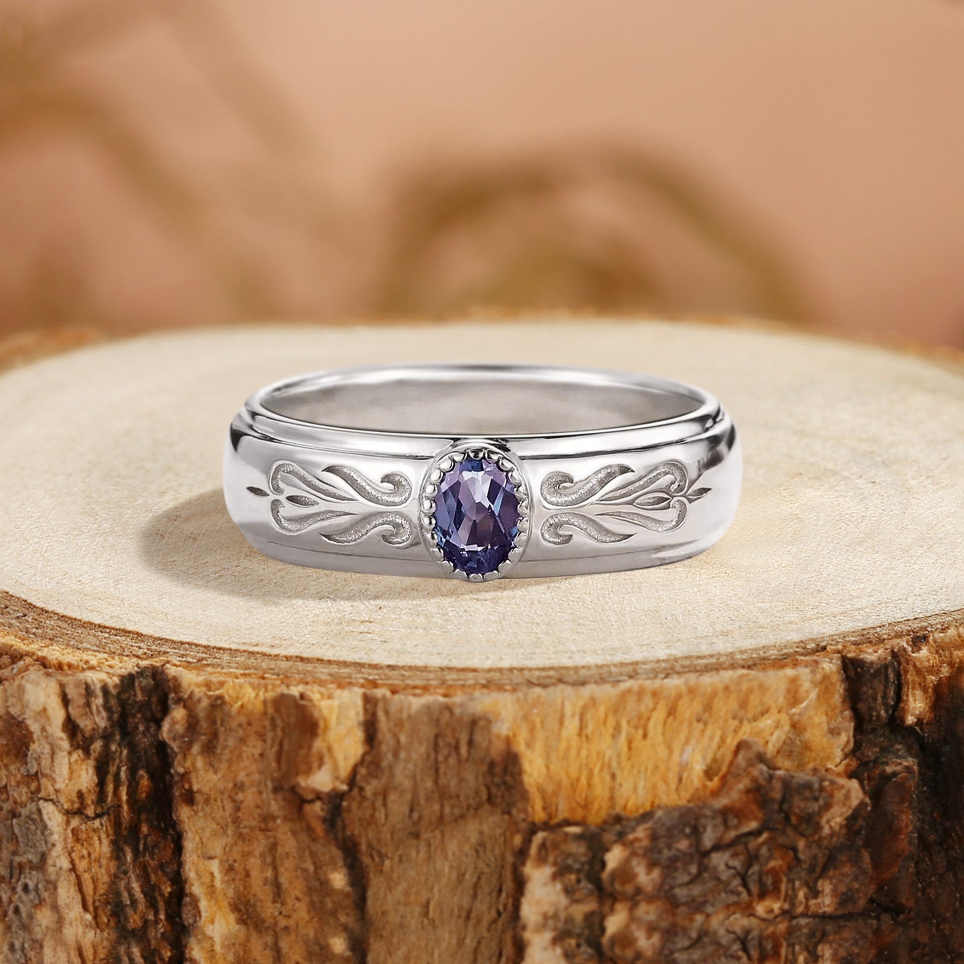 Men Band - Art Deco Oval Cut Alexandrite Engraved Ring
