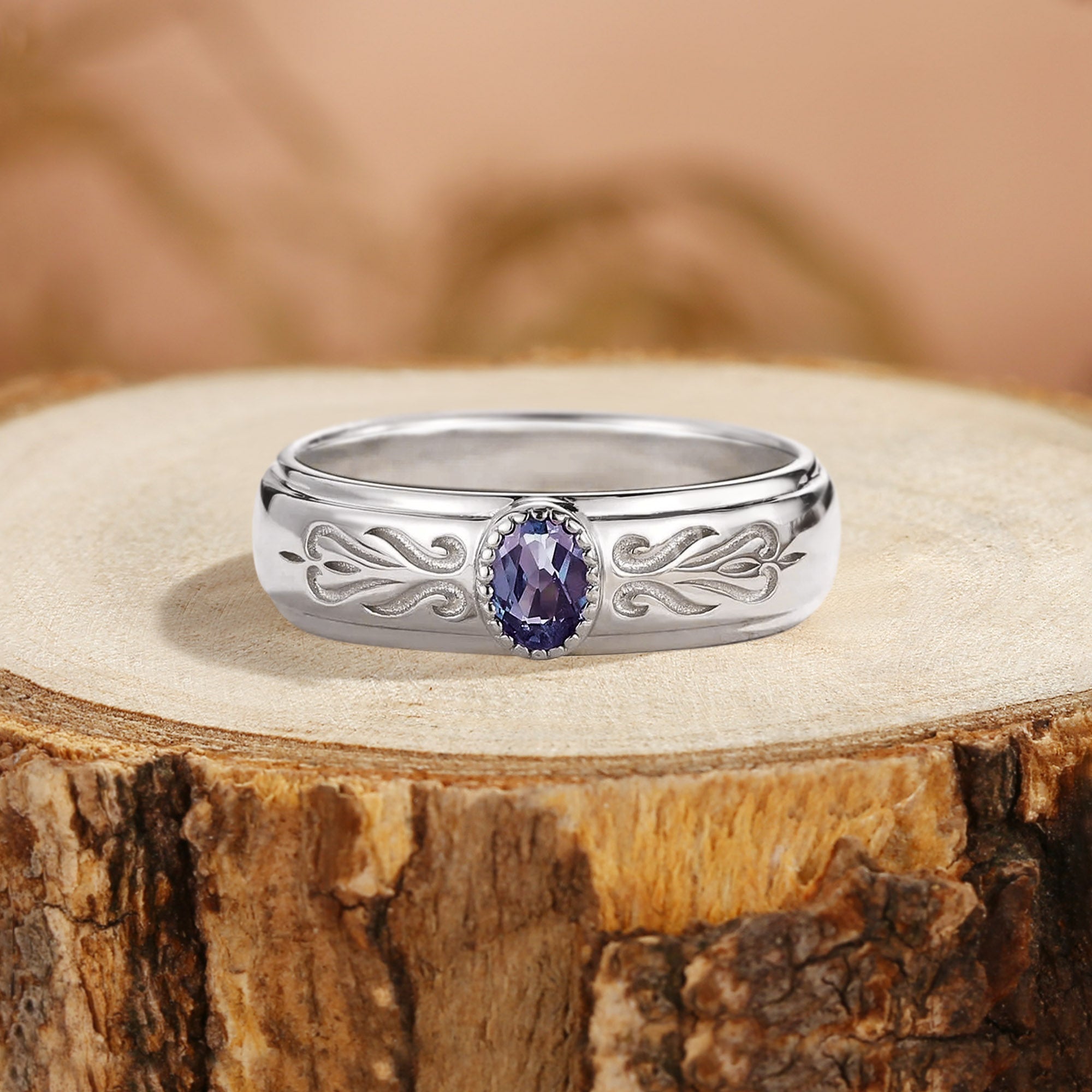 Men Band - Art Deco Oval Cut Alexandrite Engraved Ring