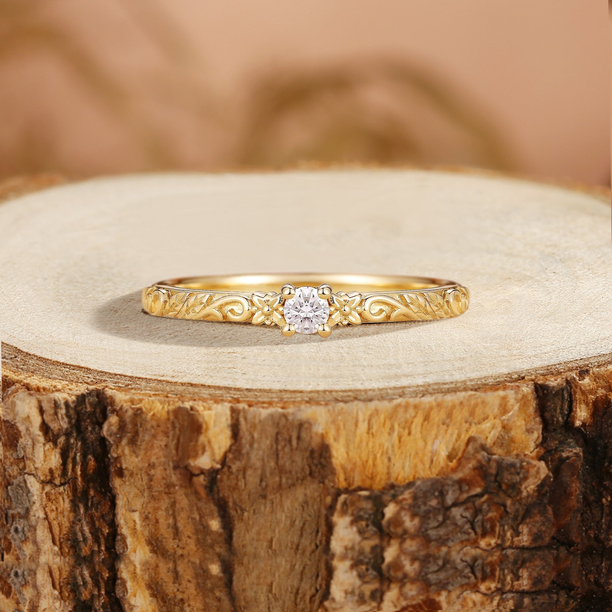 Nature Inspired Moissanite Engraved Floral Wedding Ring