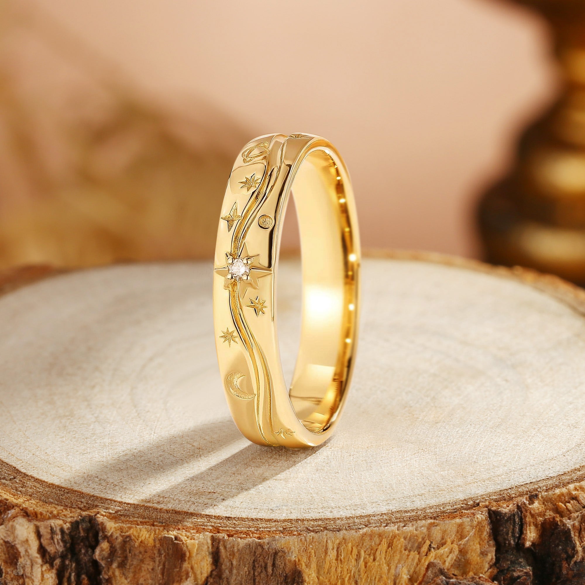 Unique Star Moissanite Solid Gold Handmade Men's Wedding Ring