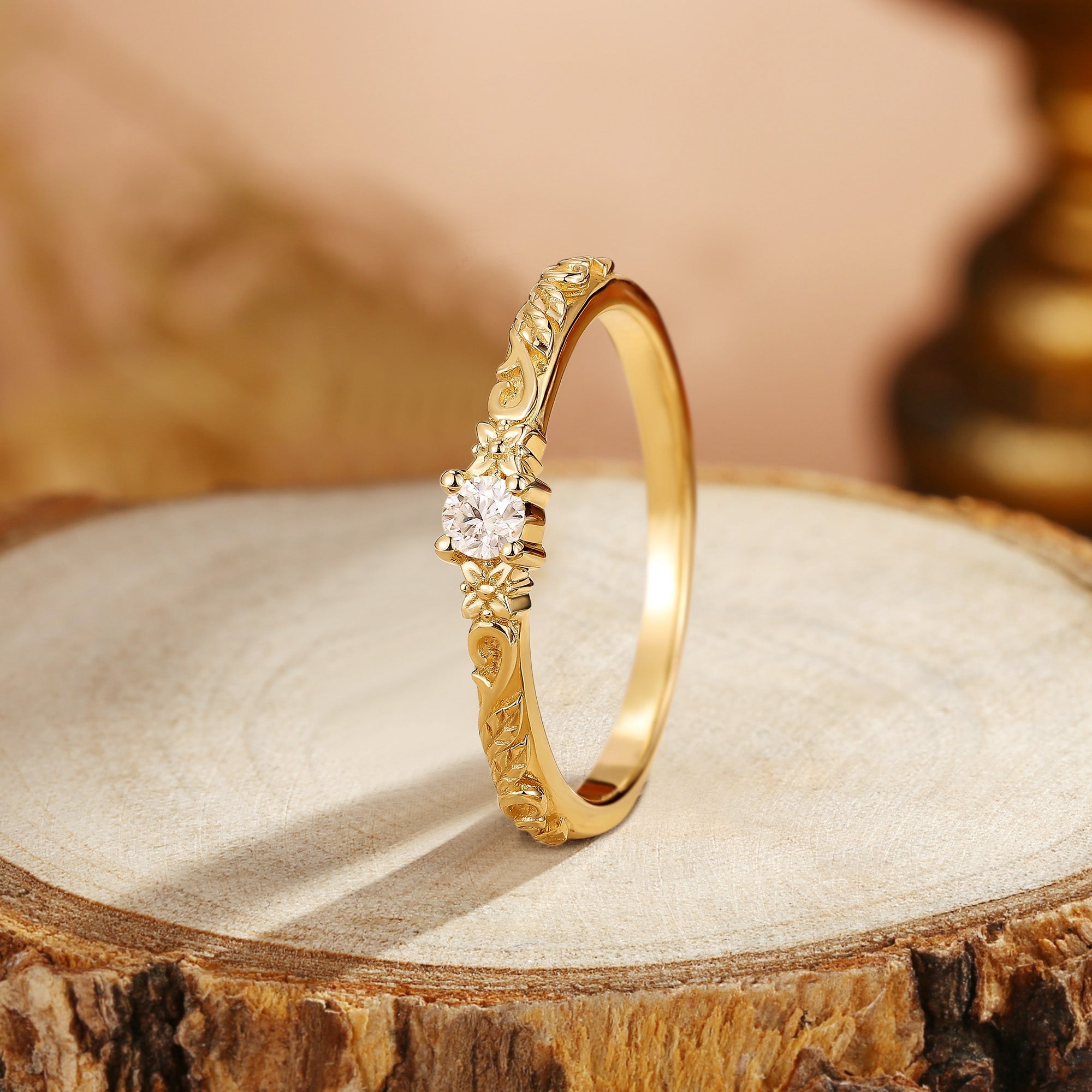 Nature Inspired Moissanite Engraved Floral Wedding Ring