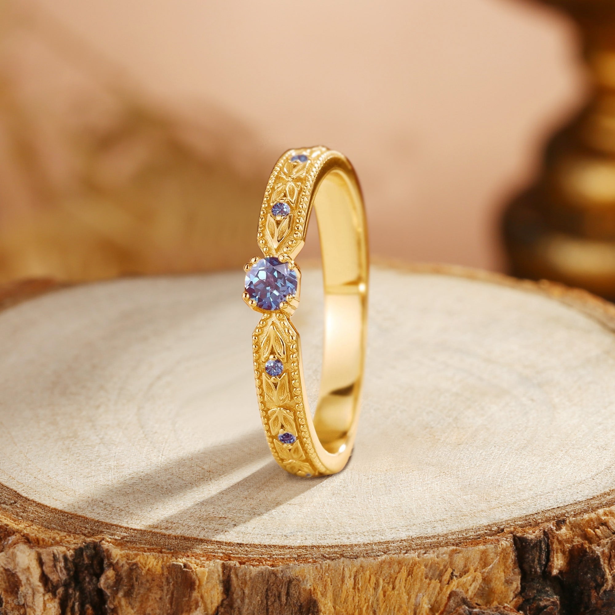 Vintage Alexandrite Leaf Wedding Band Women