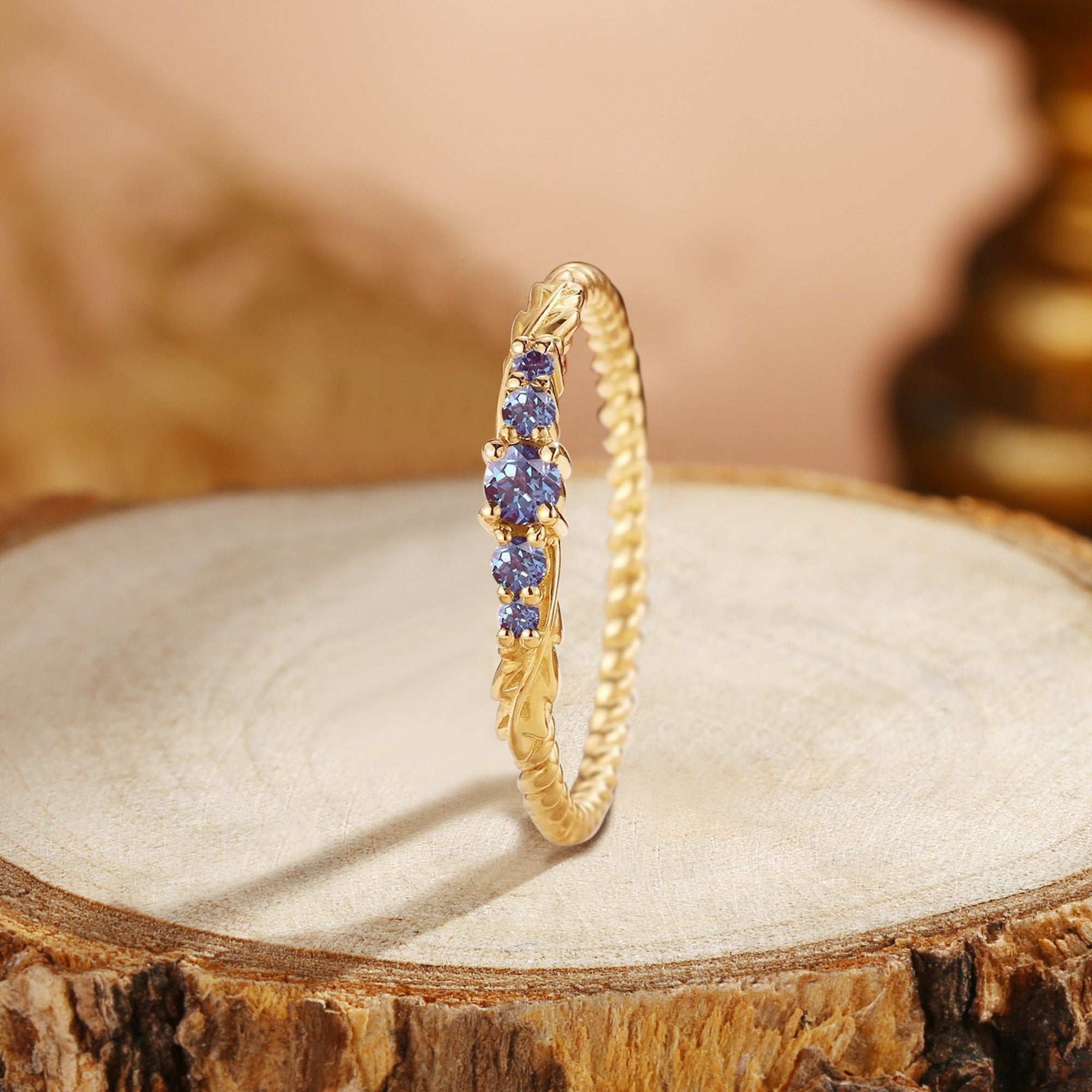 Wedding Band - Nature Inspired Alexandrite Twisted Leaf Ring
