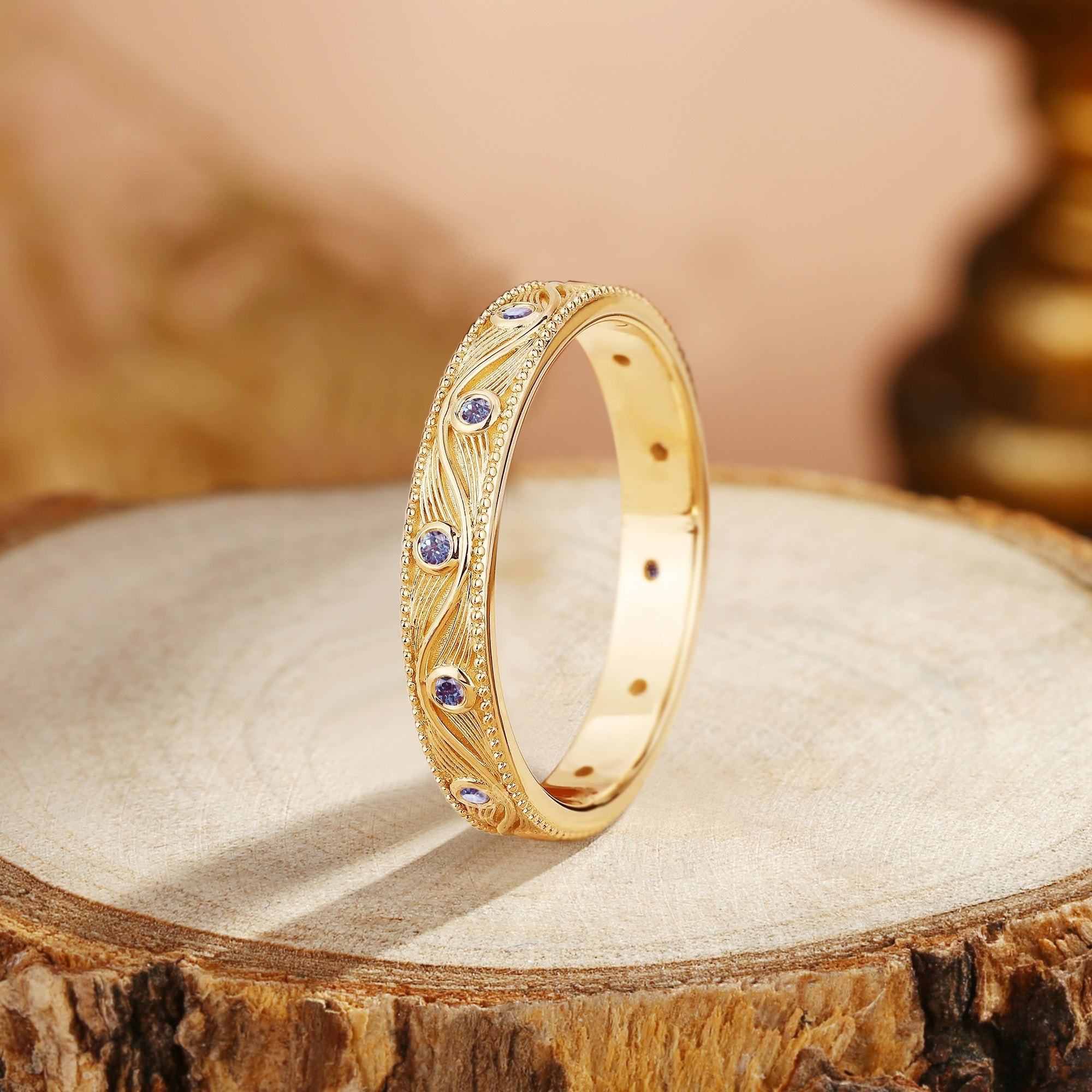 Wedding Band - Gold Alexandrite Engraved Wavy Wedding Ring