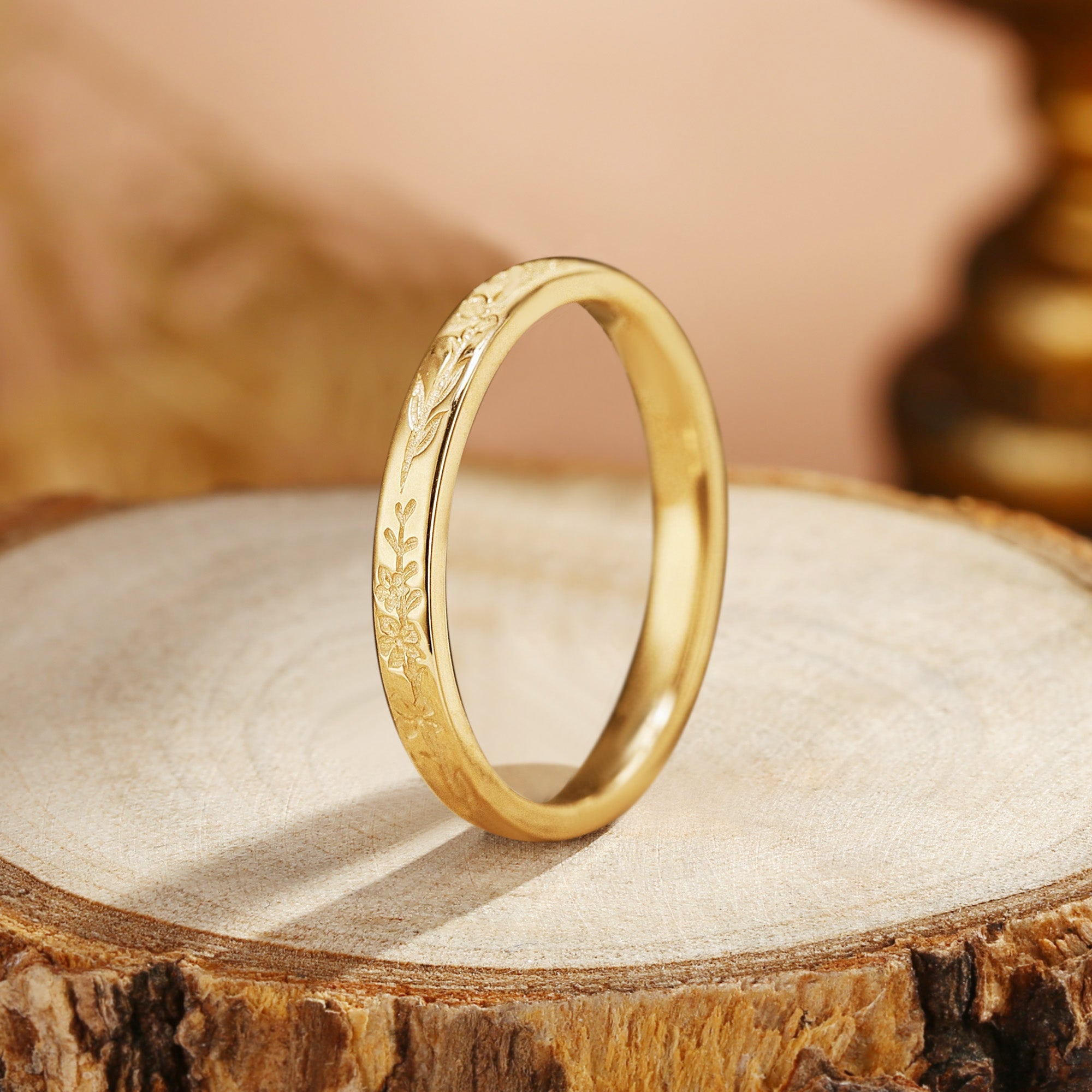 Birth Flower Ring Natural Inspired Leaf Wedding Band Art Deco