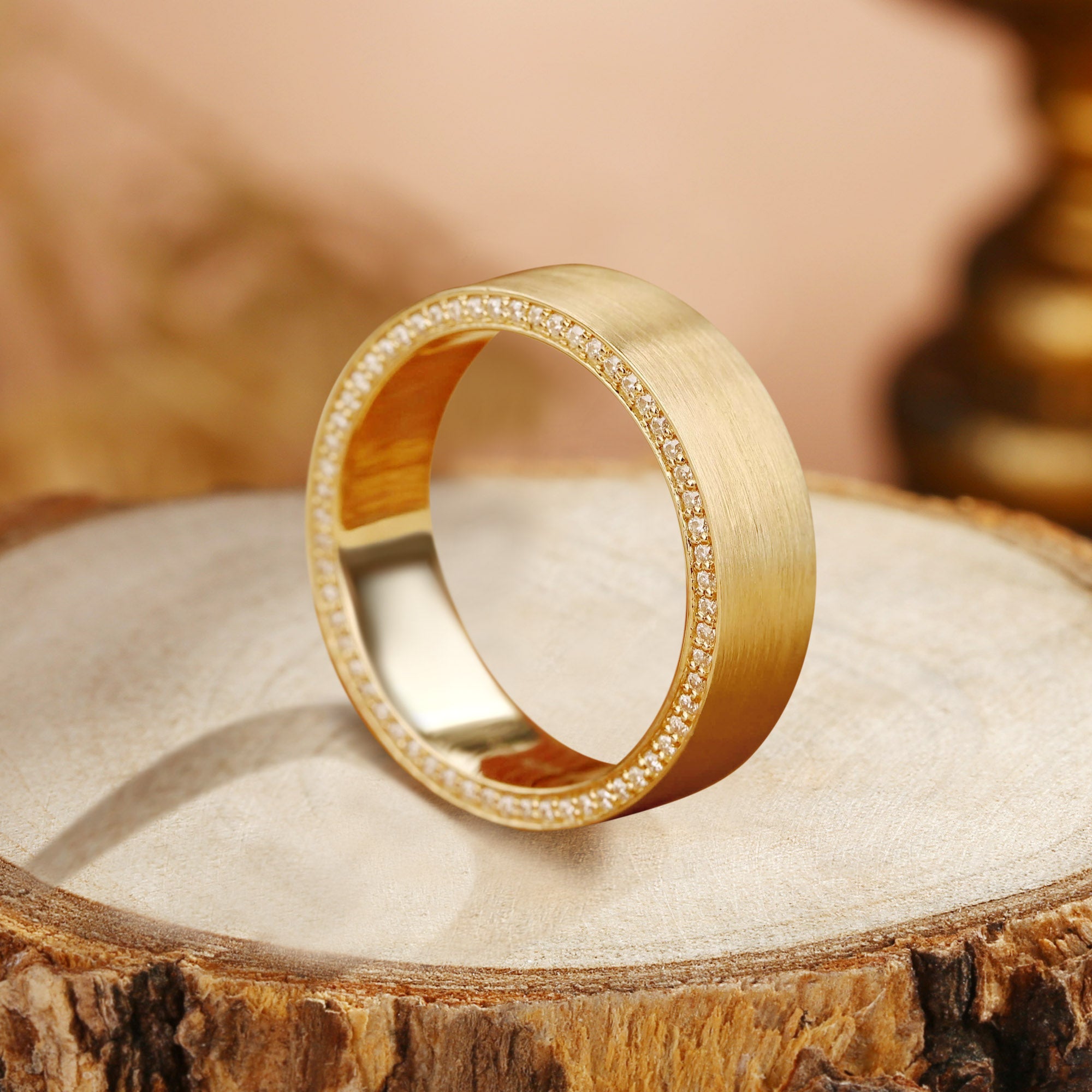 Brushed Gold Ring with Lab Diamond Men's Matte Wedding Band