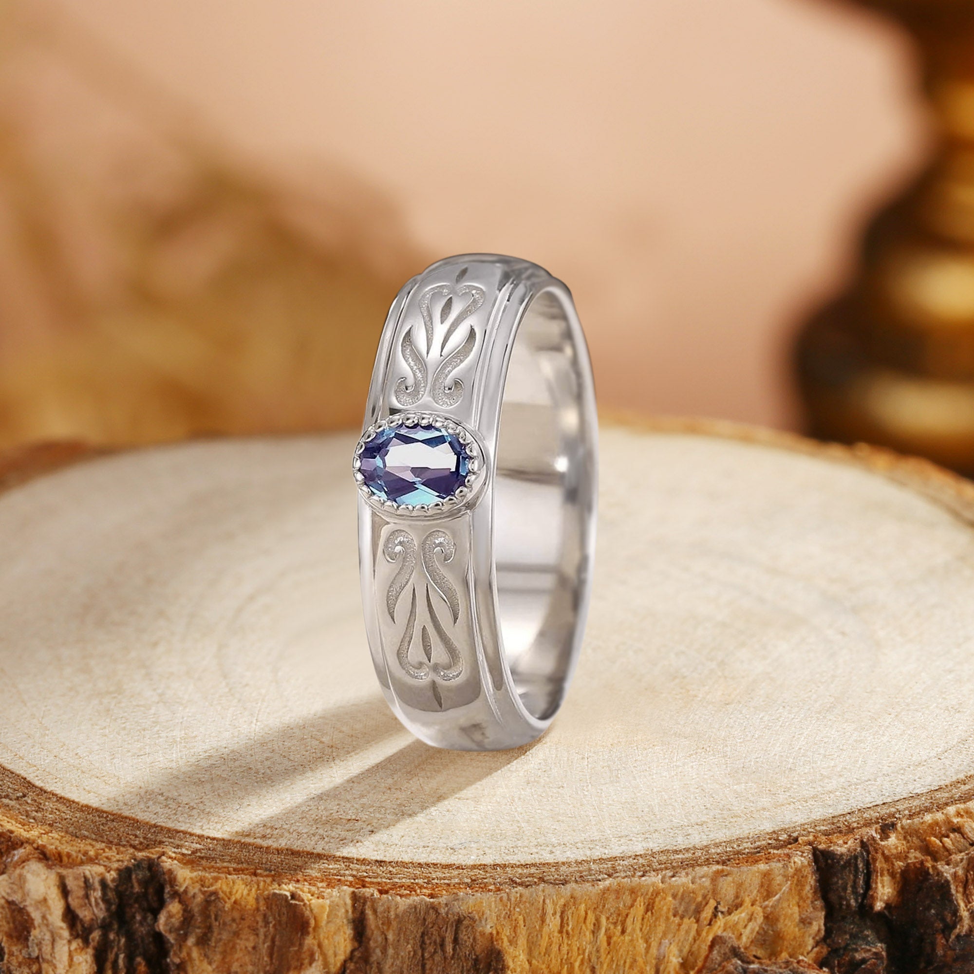 Men Band - Art Deco Oval Cut Alexandrite Engraved Ring