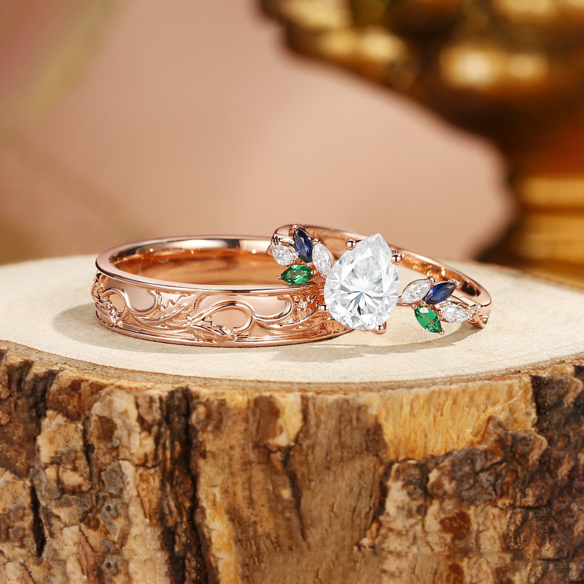 Abella - Pear Cut Moissanite & Sapphire & Emerald Butterfly Couple Ring Set