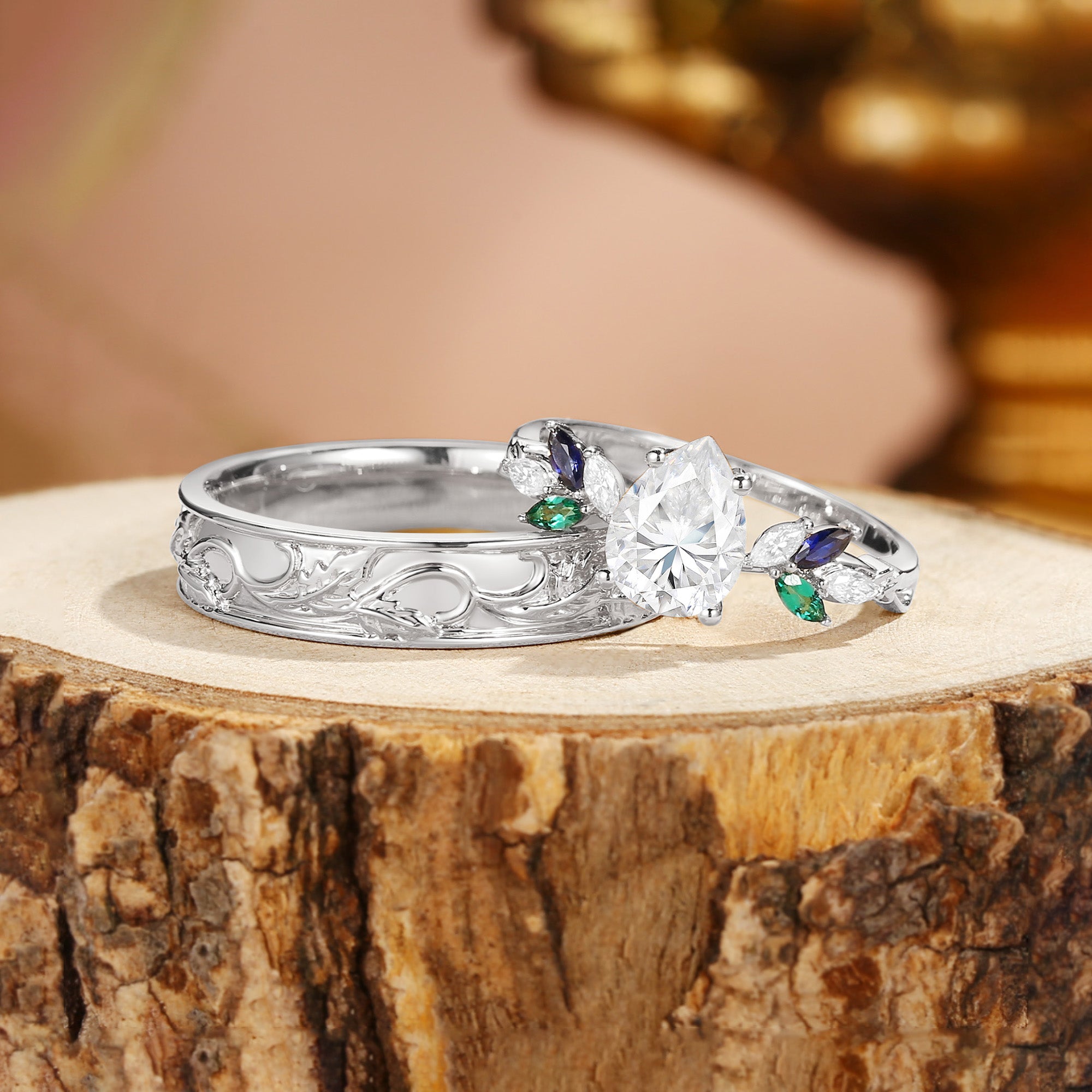 Abella - Pear Cut Moissanite & Sapphire & Emerald Butterfly Couple Ring Set