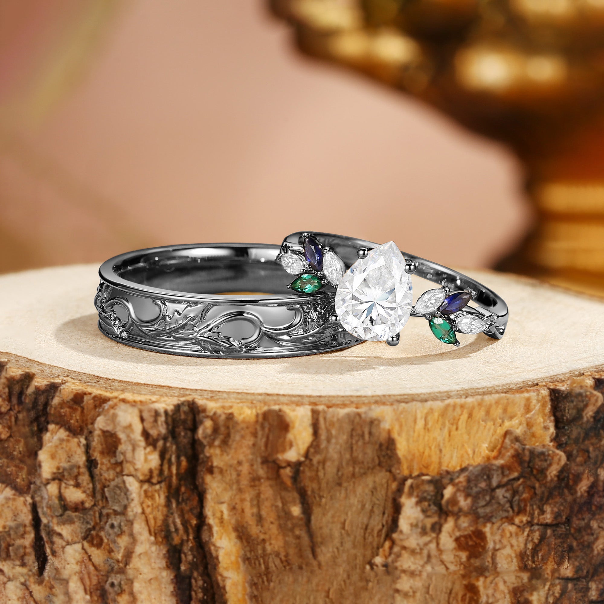 Abella - Pear Cut Moissanite & Sapphire & Emerald Butterfly Couple Ring Set