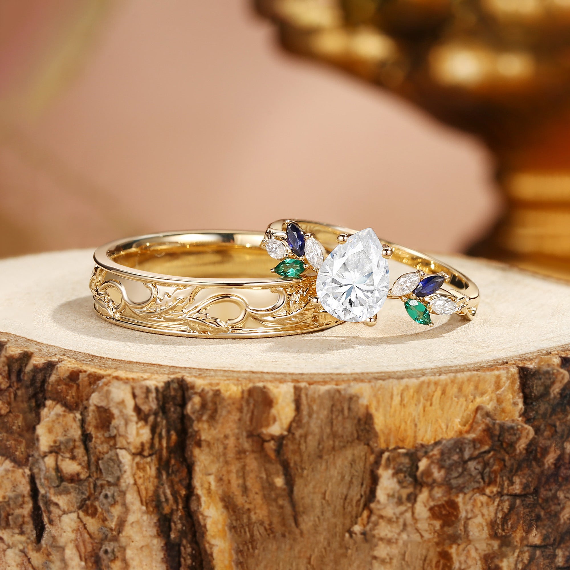 Abella - Pear Cut Moissanite & Sapphire & Emerald Butterfly Couple Ring Set