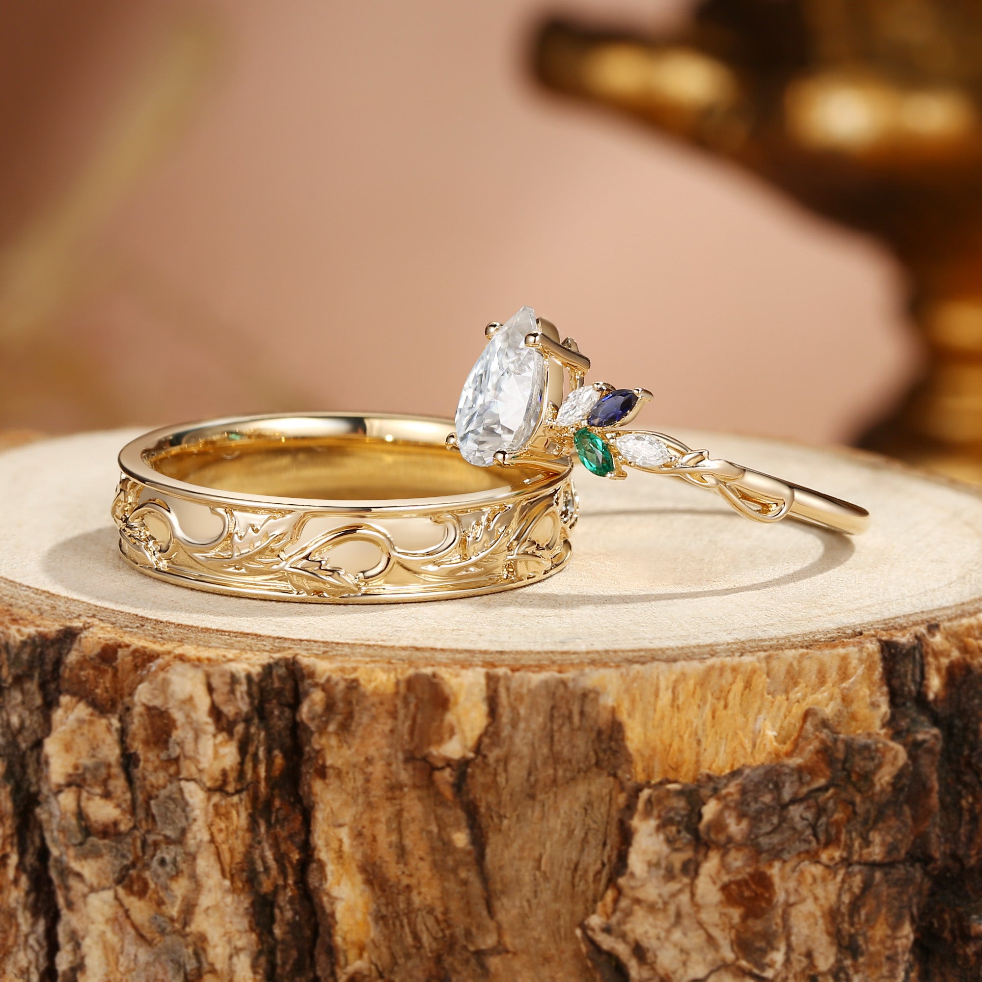 Abella - Pear Cut Moissanite & Sapphire & Emerald Butterfly Couple Ring Set