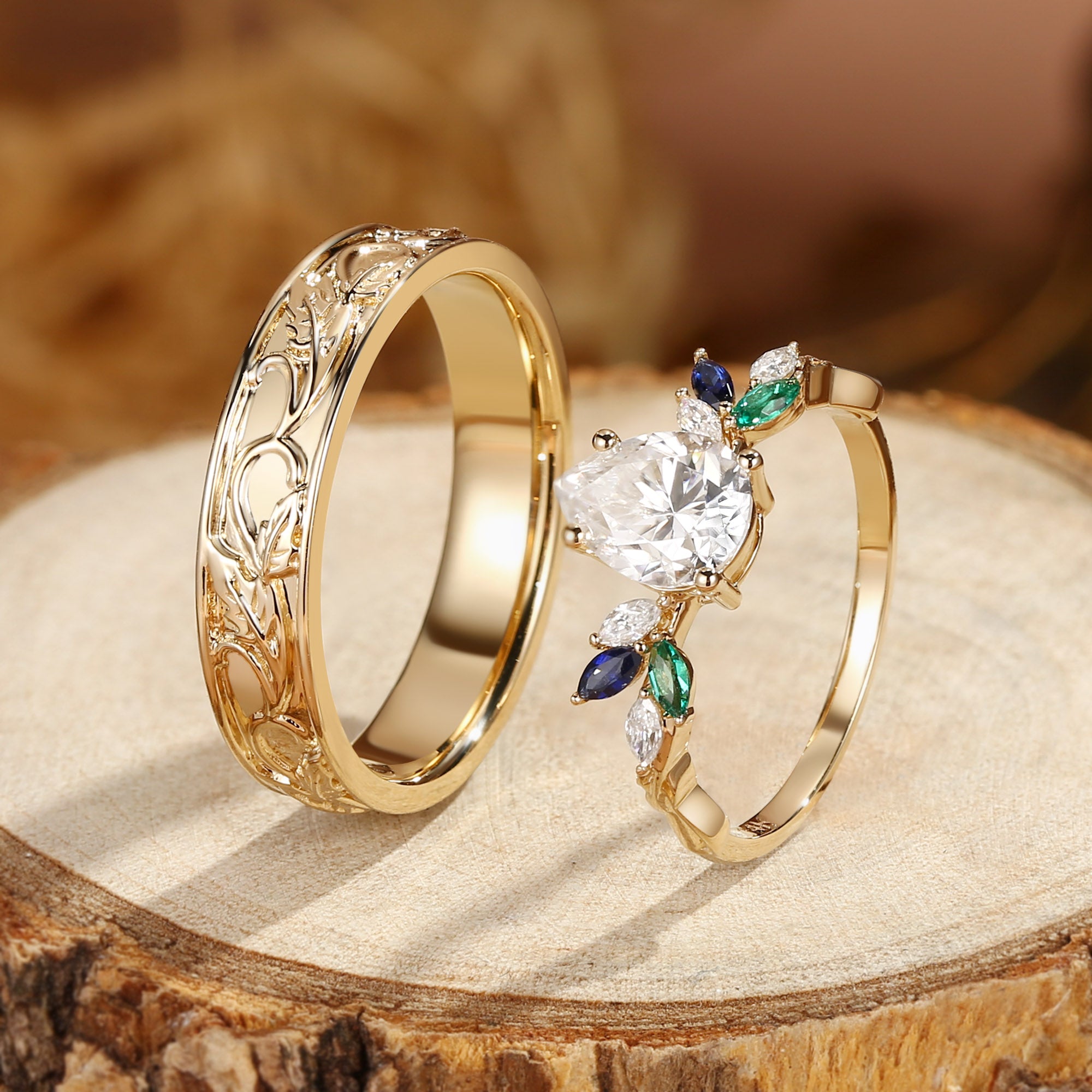 Abella - Pear Cut Moissanite & Sapphire & Emerald Butterfly Couple Ring Set