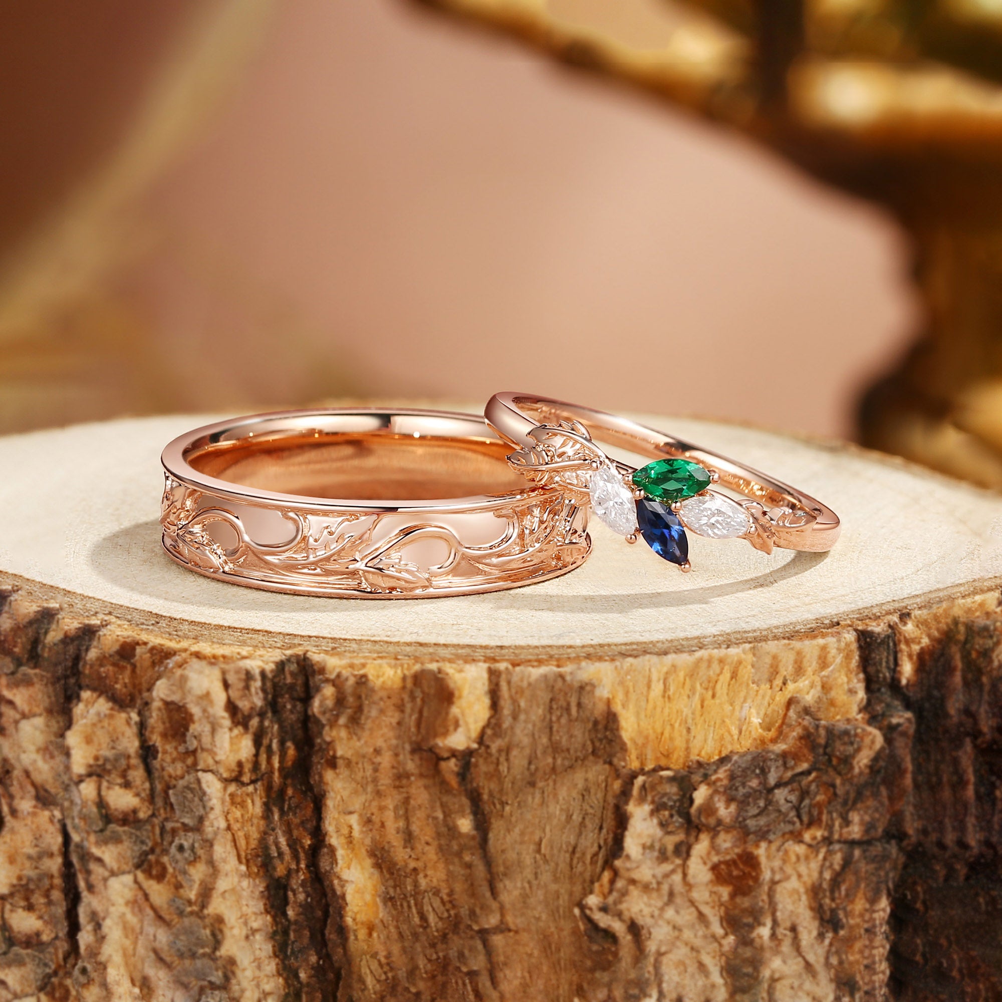 Abella - Sapphire & Emerald Promise Couple Matching Wedding Bands