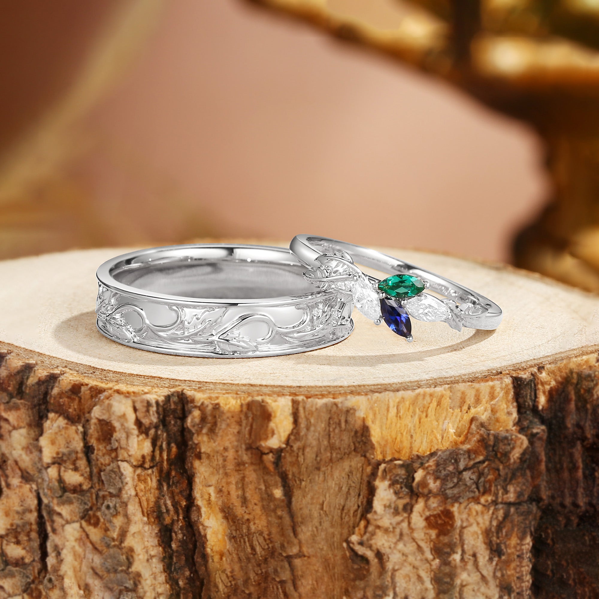 Abella - Sapphire & Emerald Promise Couple Matching Wedding Bands