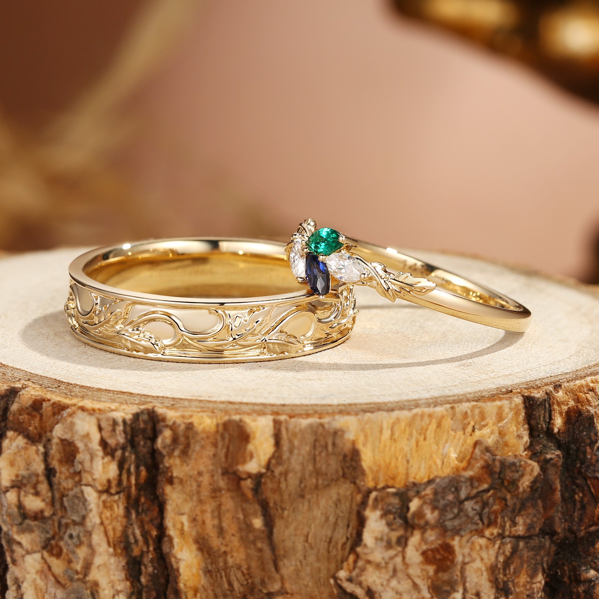 Abella - Sapphire & Emerald Promise Couple Matching Wedding Bands