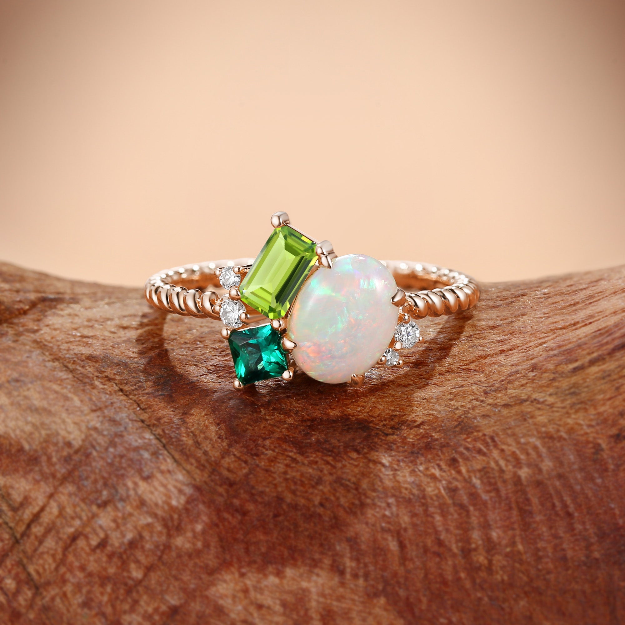 Apricot - Opal & Emerald & Peridot Three Stone Birthstone Engagement Ring