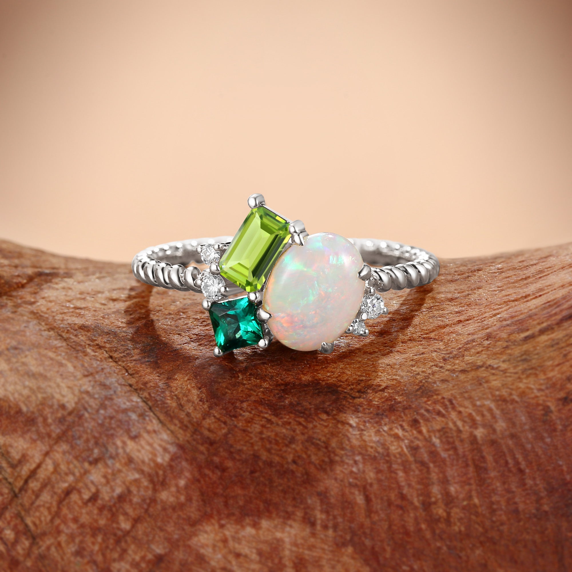 Apricot - Opal & Emerald & Peridot Three Stone Birthstone Engagement Ring