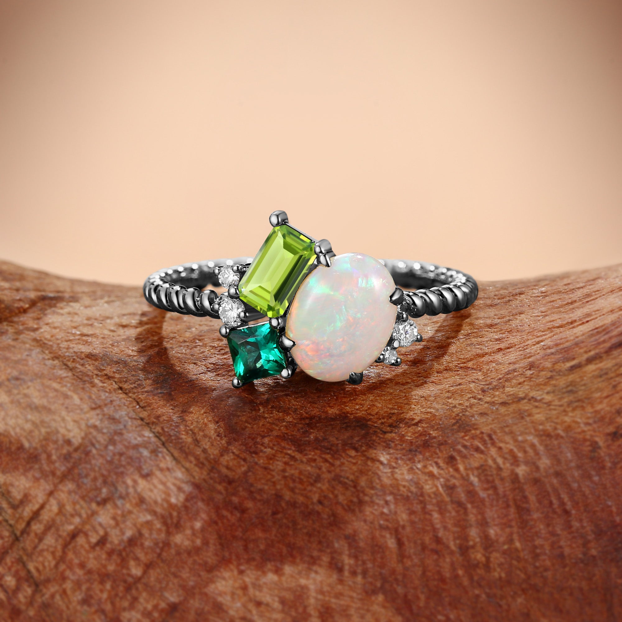 Apricot - Opal & Emerald & Peridot Three Stone Birthstone Engagement Ring