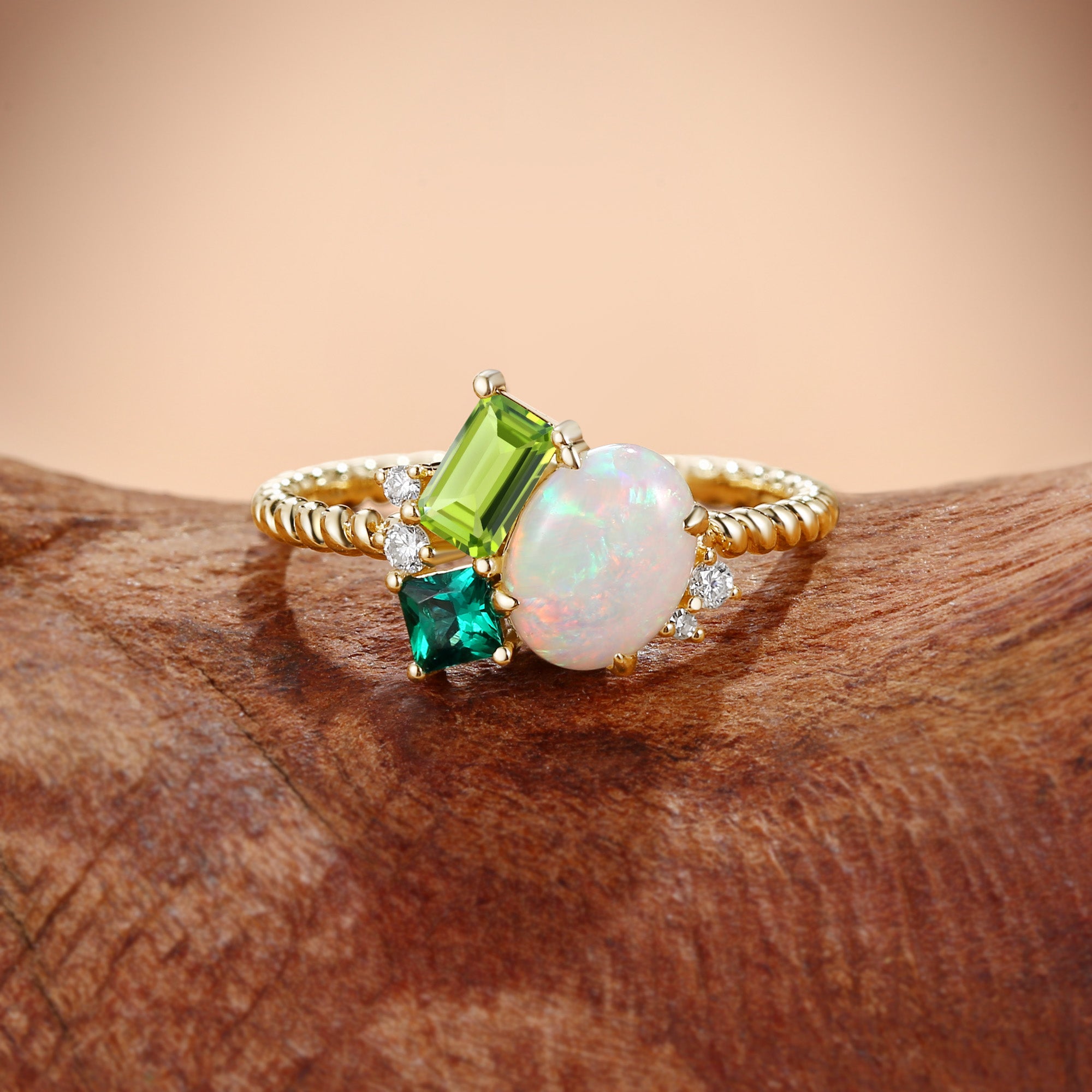 Apricot Opal Emerald Peridot Three Stone Birthstone