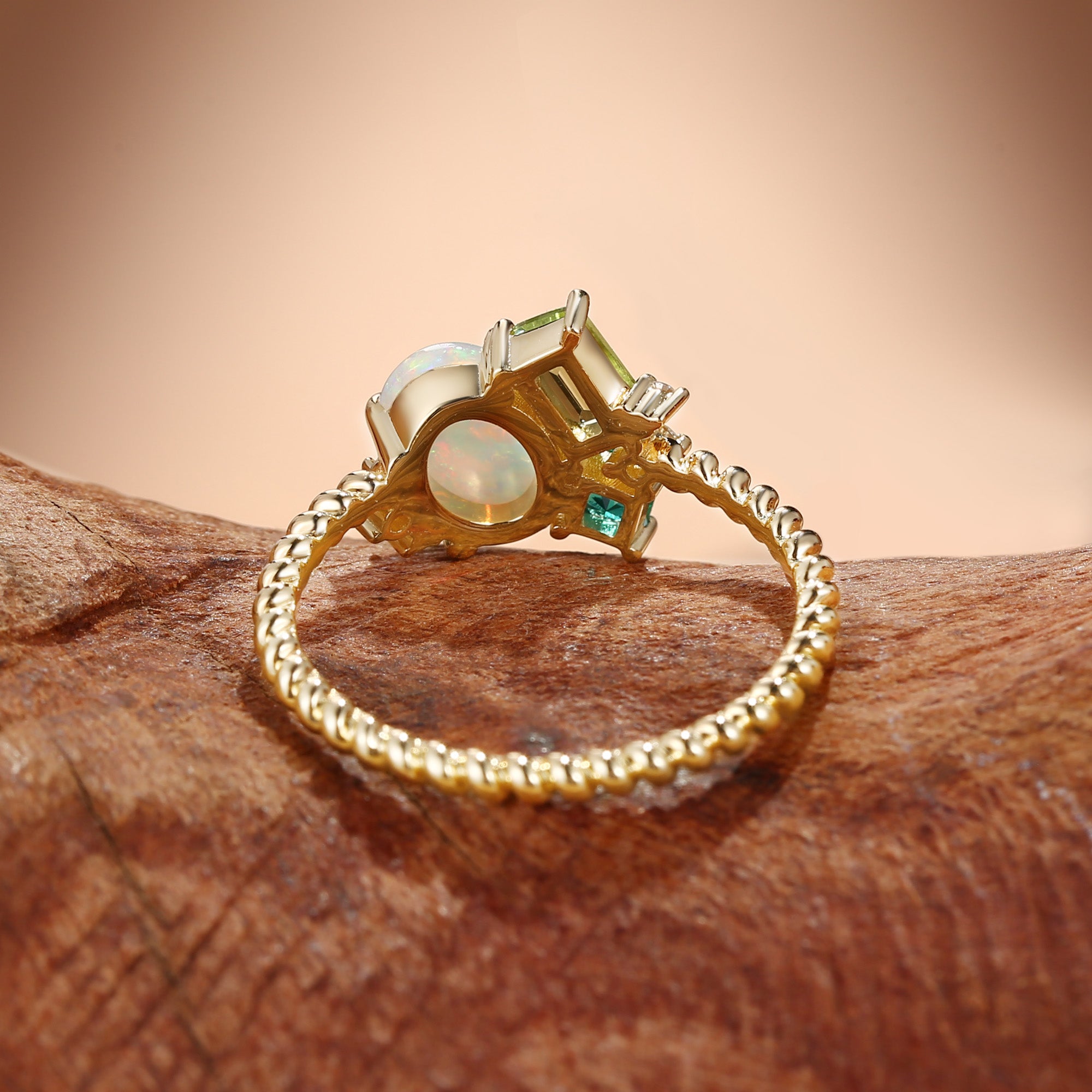 Apricot - Opal & Emerald & Peridot Three Stone Birthstone Engagement Ring