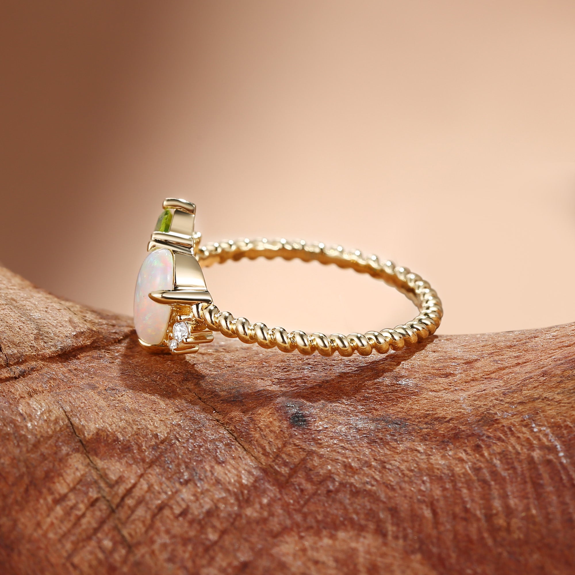 Apricot - Opal & Emerald & Peridot Three Stone Birthstone Engagement Ring