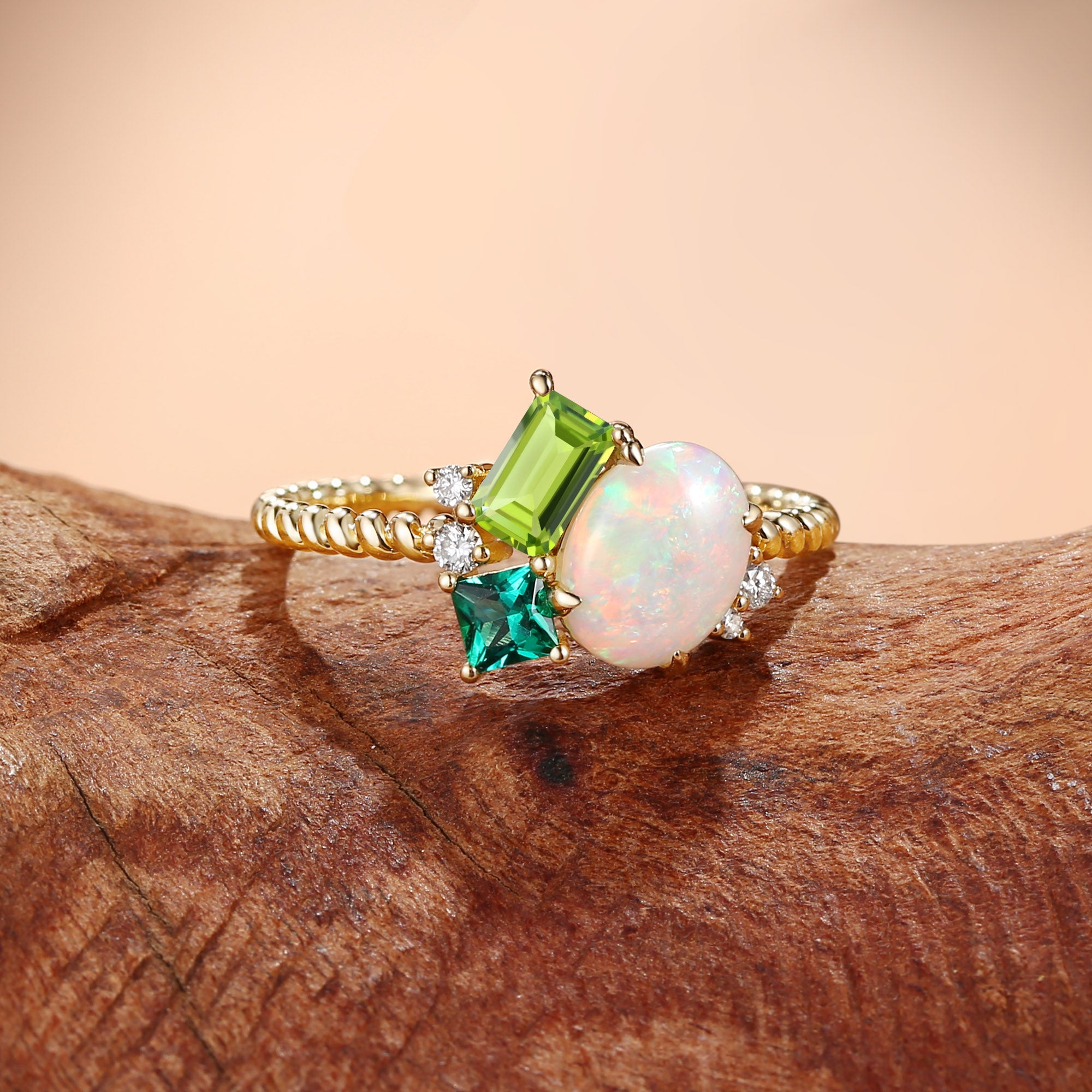 Apricot - Opal & Emerald & Peridot Three Stone Birthstone Engagement Ring