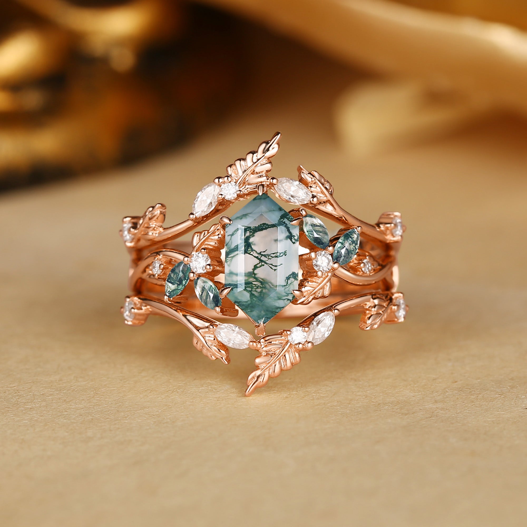 Quilina - Hexagon Cut Moss Agate Oak Nature Inspired Enhancer Ring 2pcs