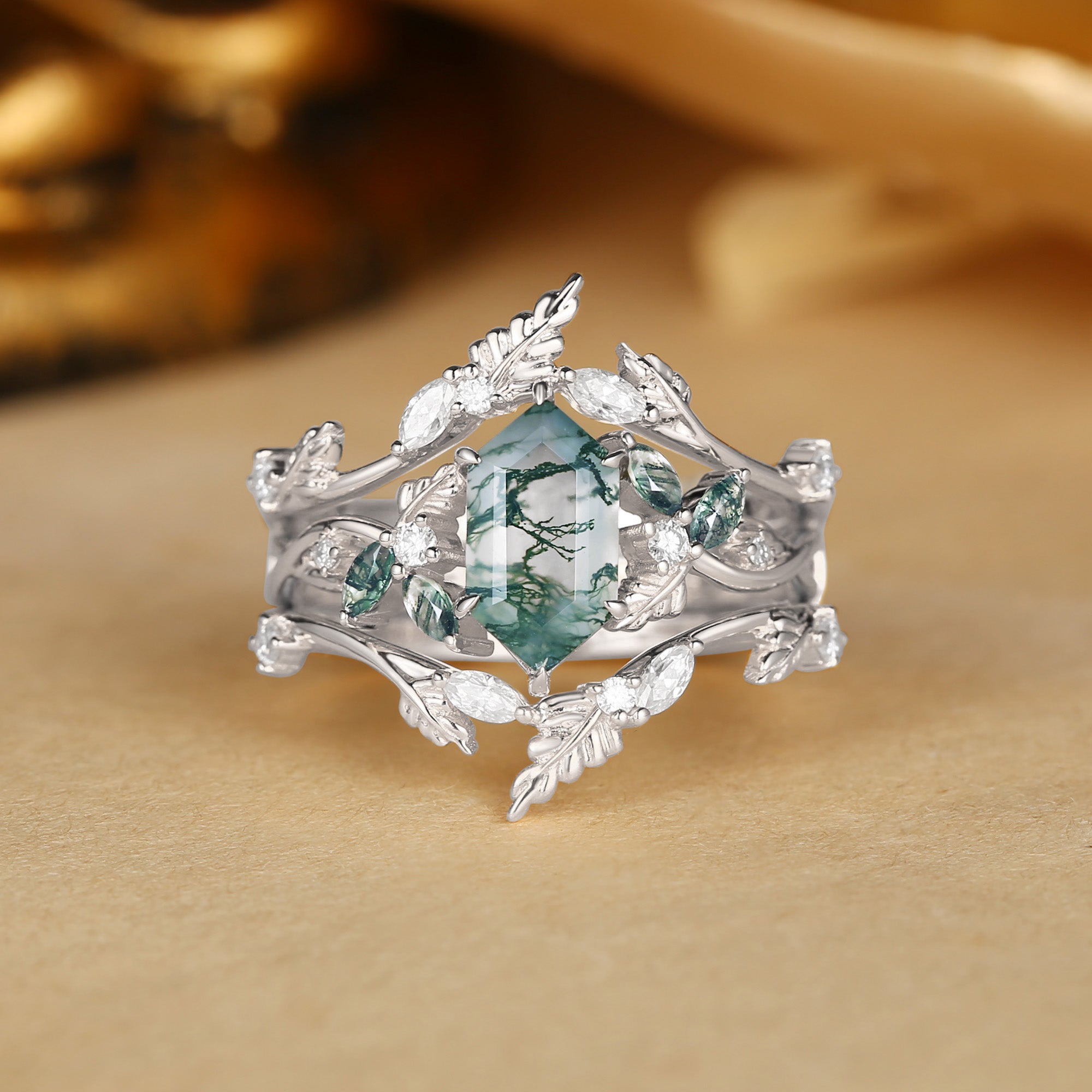 Quilina - Hexagon Cut Moss Agate Oak Nature Inspired Enhancer Ring 2pcs