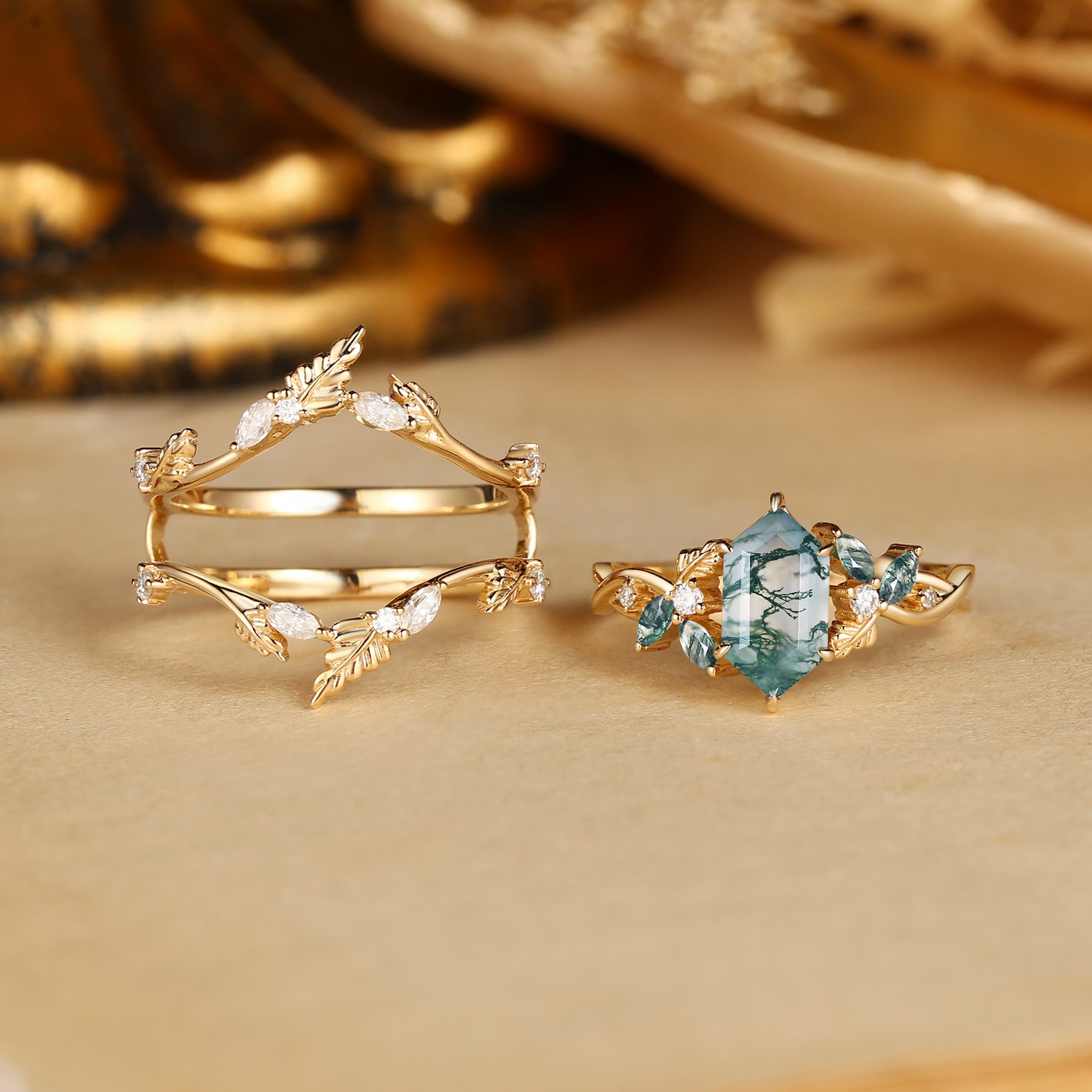 Quilina - Hexagon Cut Moss Agate Oak Nature Inspired Enhancer Ring 2pcs