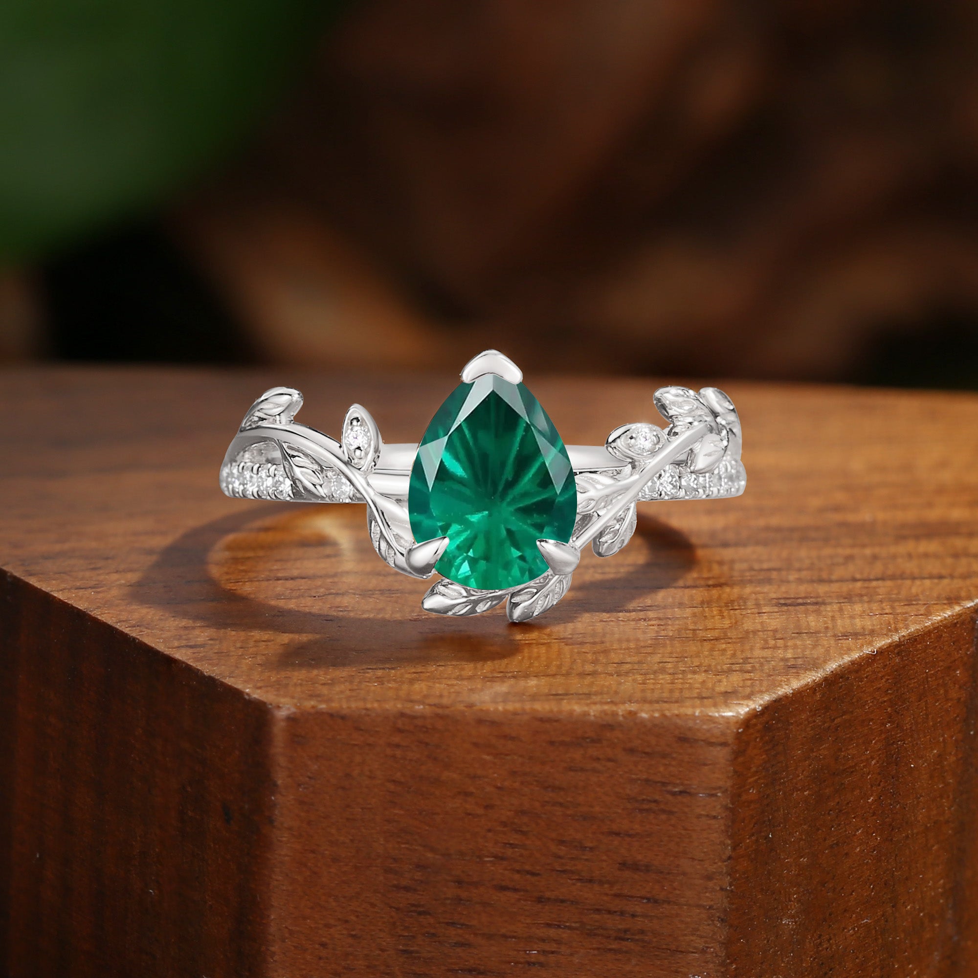 Jora - Firework Pear Cut Emerald Vine Inspired Leafy Engagement Ring