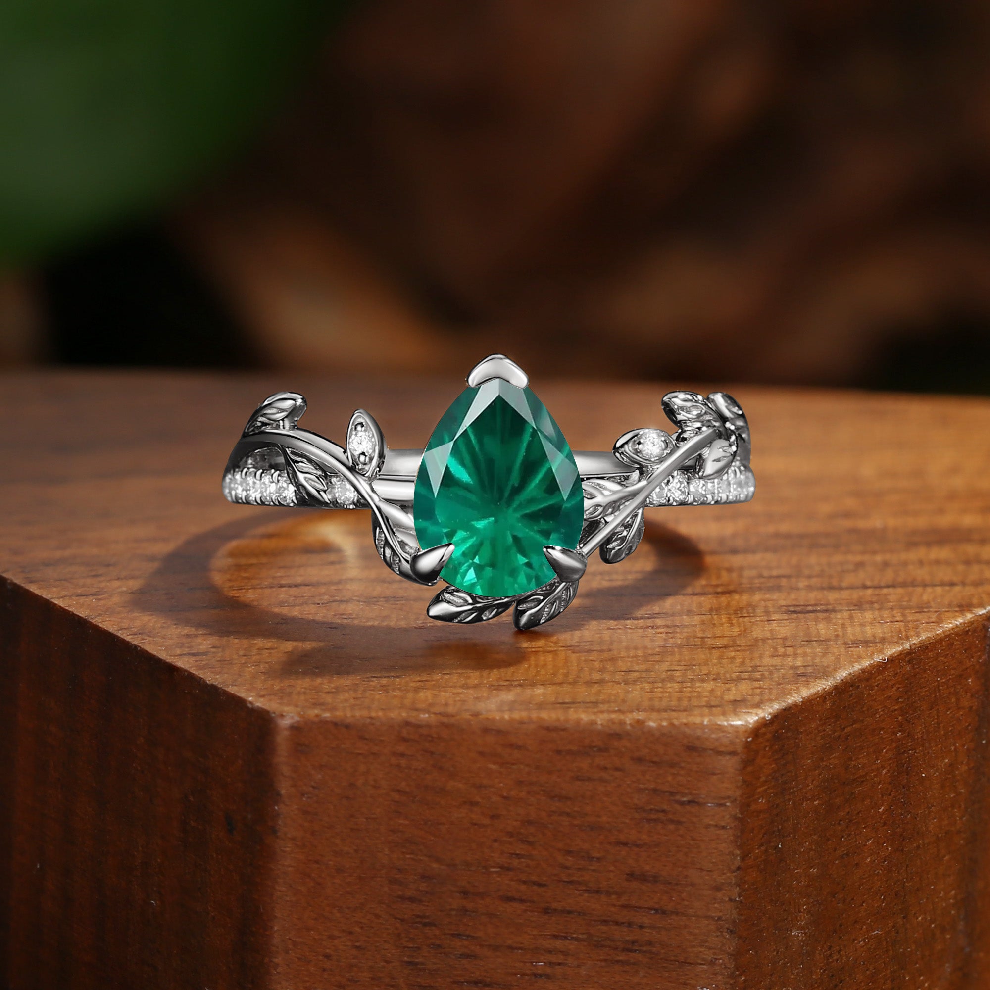 Jora - Firework Pear Cut Emerald Vine Inspired Leafy Engagement Ring