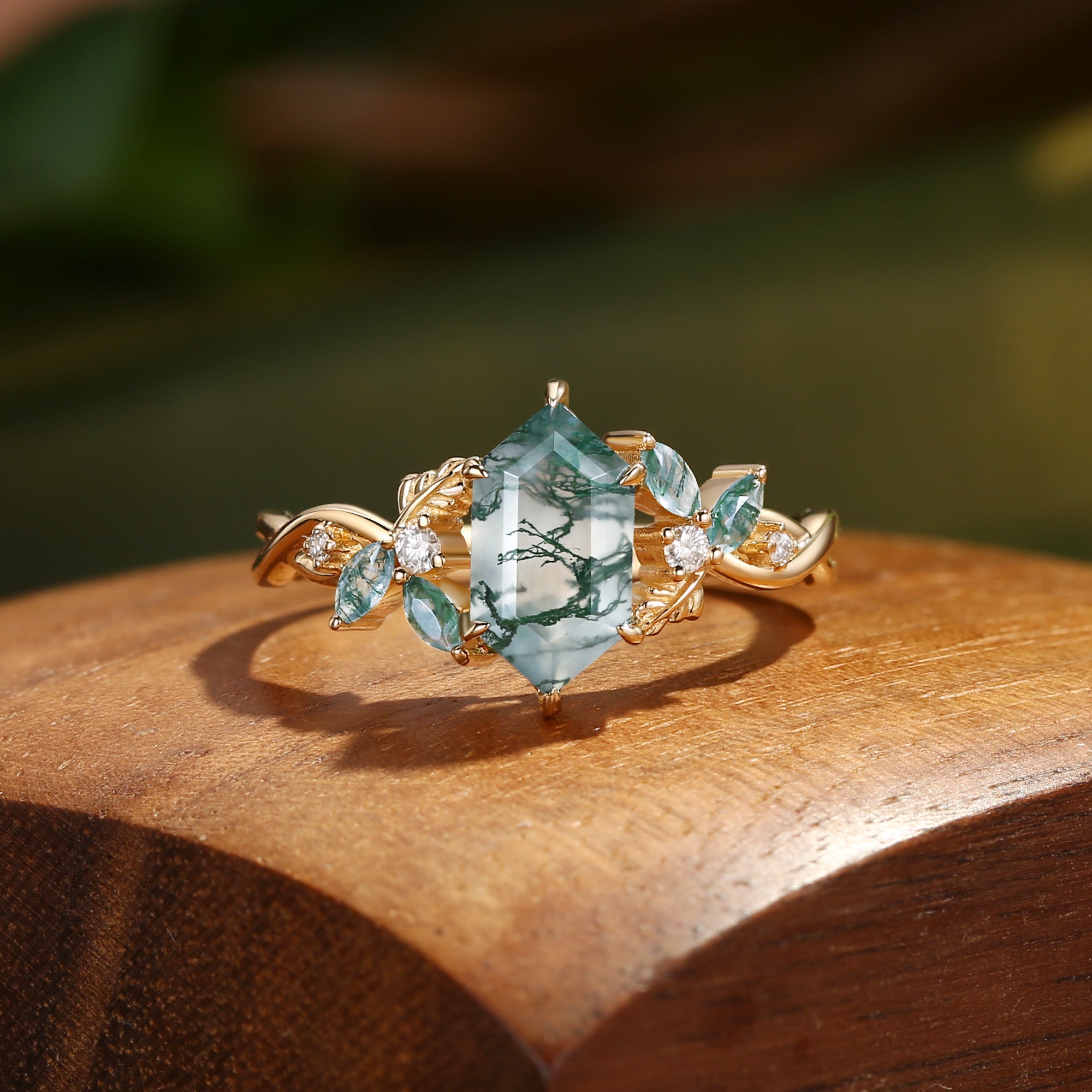 Quilina - Hexagon Cut Moss Agate Nature Inspired Engagement Ring 