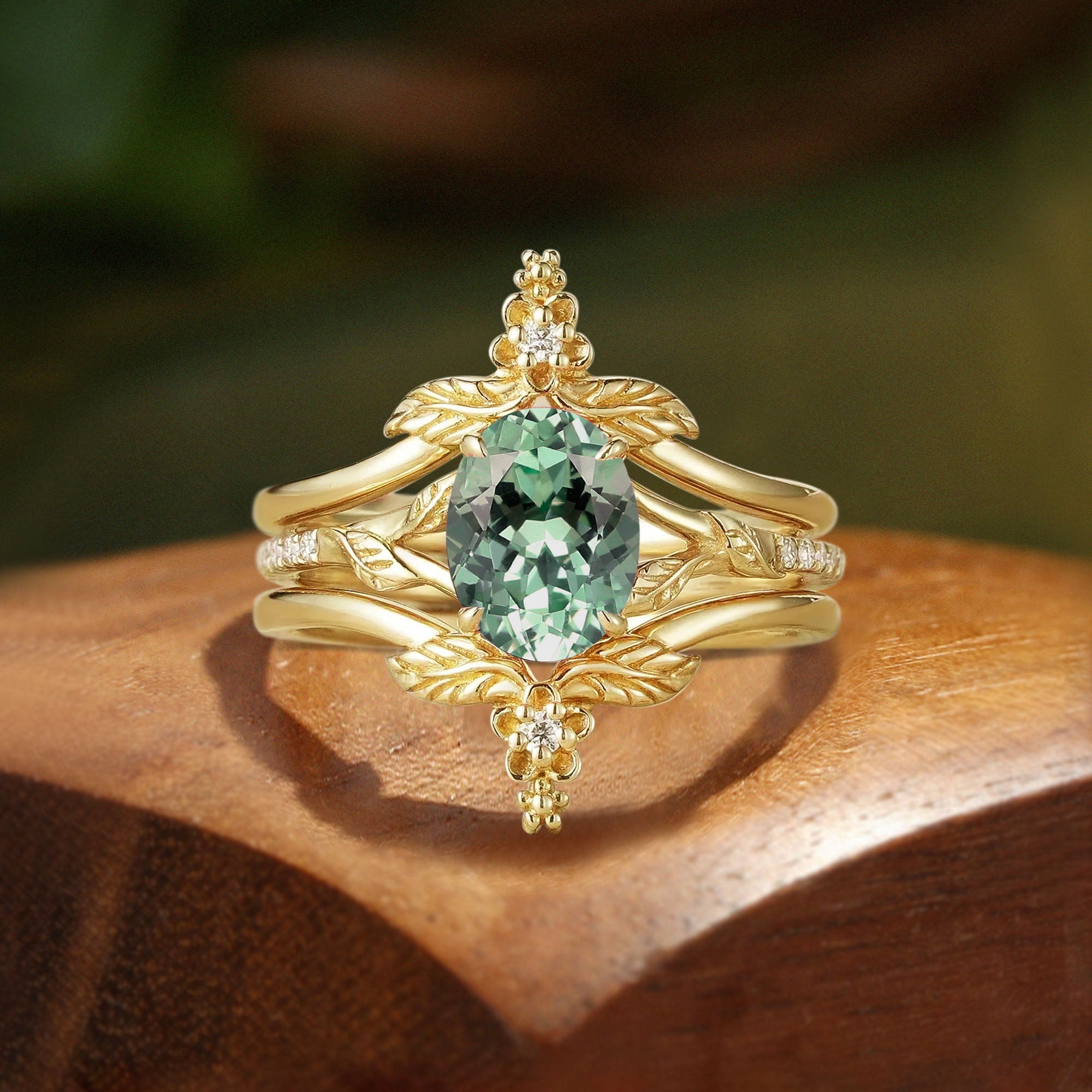 Adeline - Green Sapphire Leaf and Flower Elegance Engagement Ring Set 2pcs