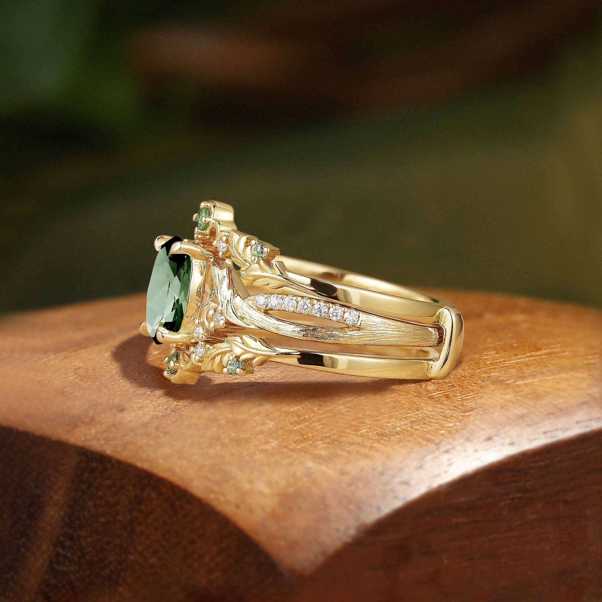 Zelia - Oval Cut Lab Green Sapphire Leaf Inspired Enhancer Ring Set